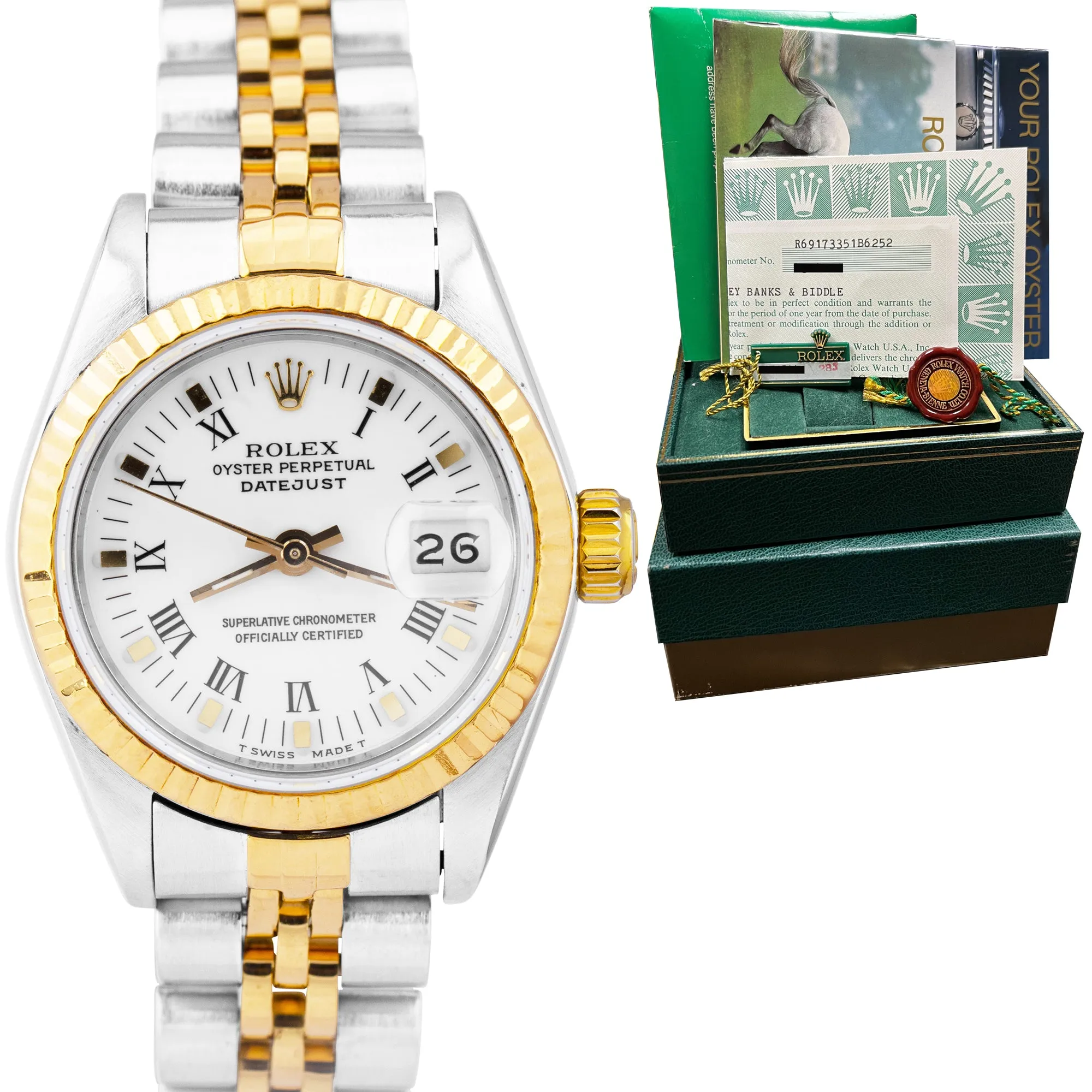 Ladies Rolex DateJust 26mm 18K Gold Two-Tone White Roman Jubilee Watch 69173 B P