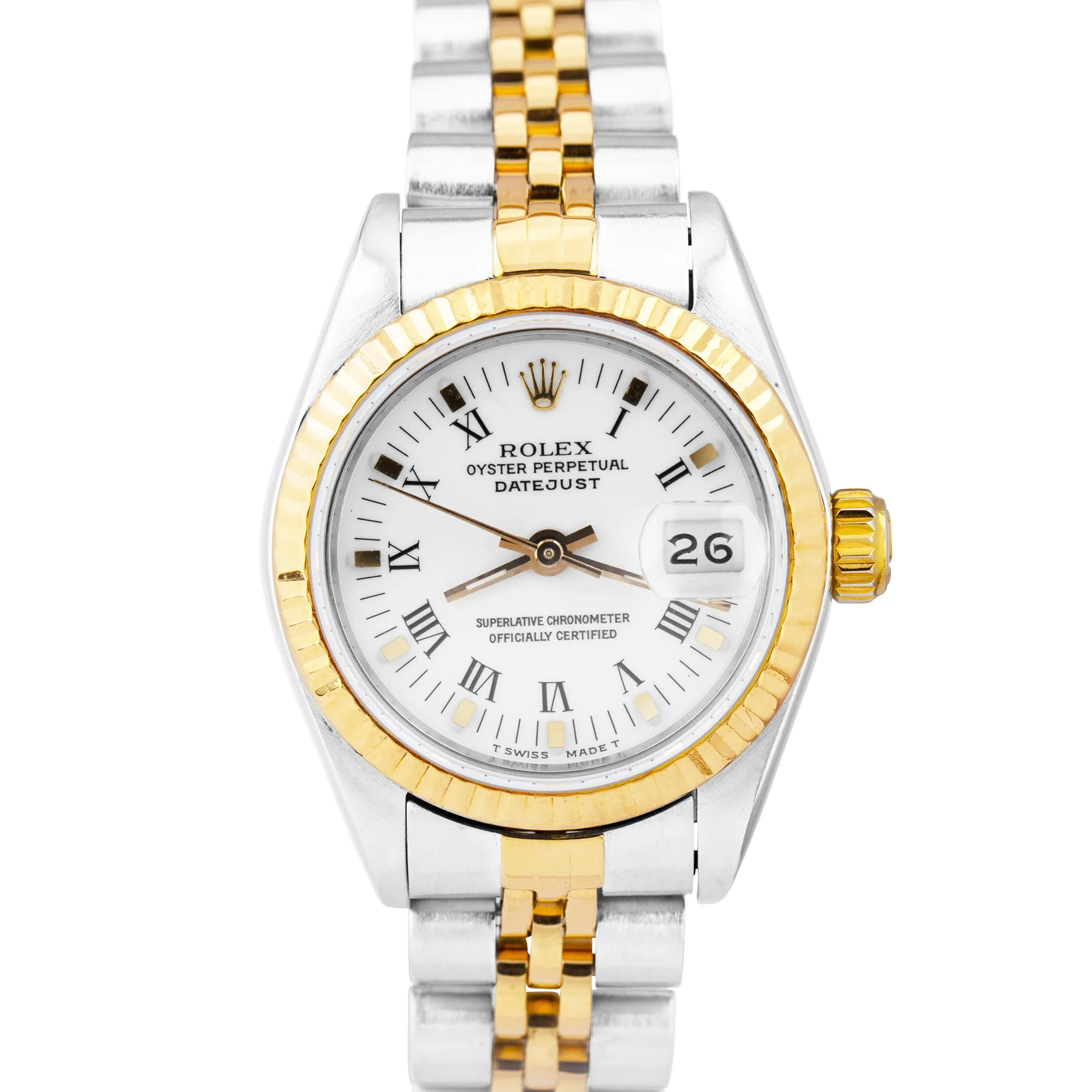 Ladies Rolex DateJust 26mm 18K Gold Two-Tone White Roman Jubilee Watch 69173 B P