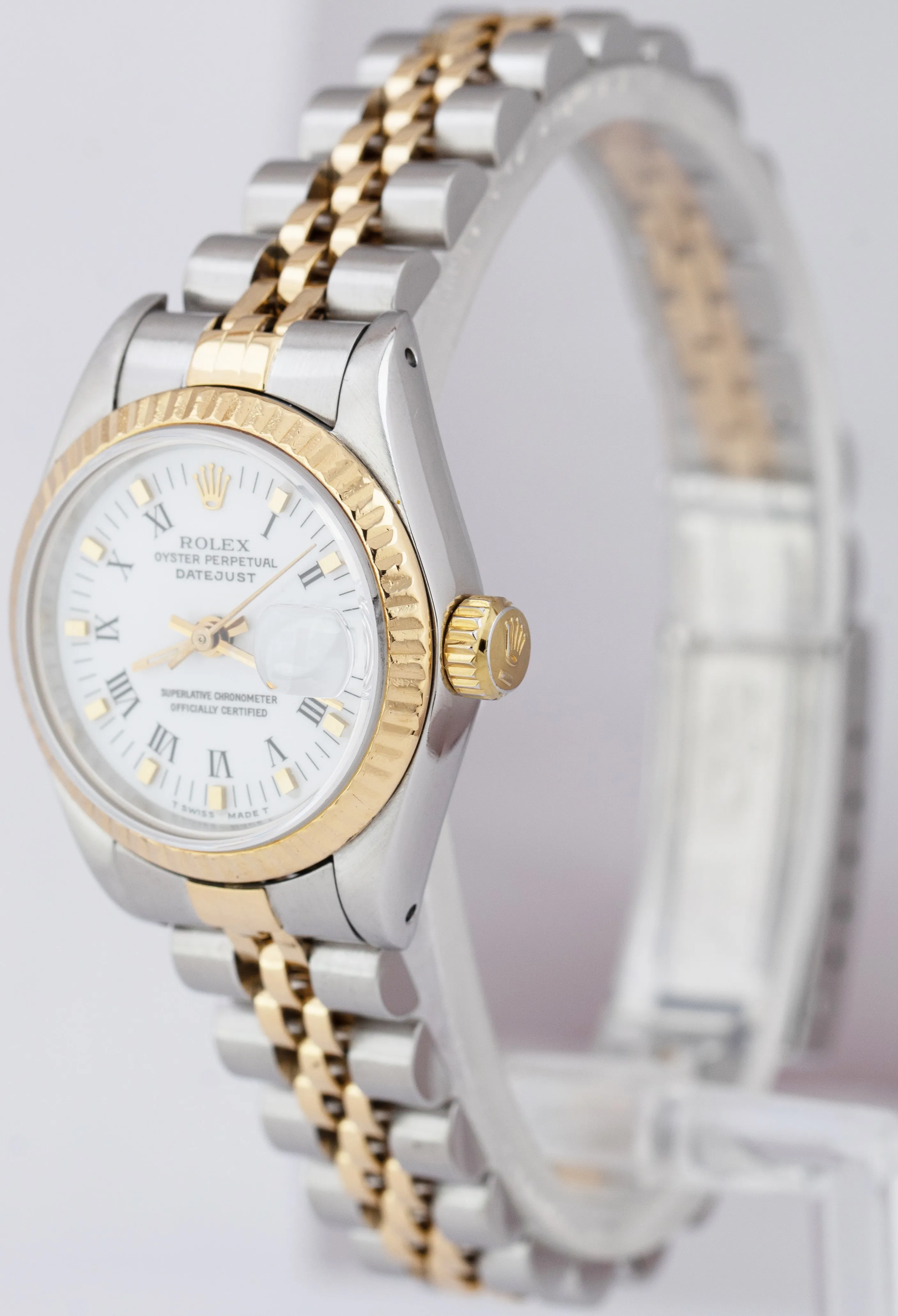 Ladies Rolex DateJust 26mm 18K Gold Two-Tone White Roman Jubilee Watch 69173 B P