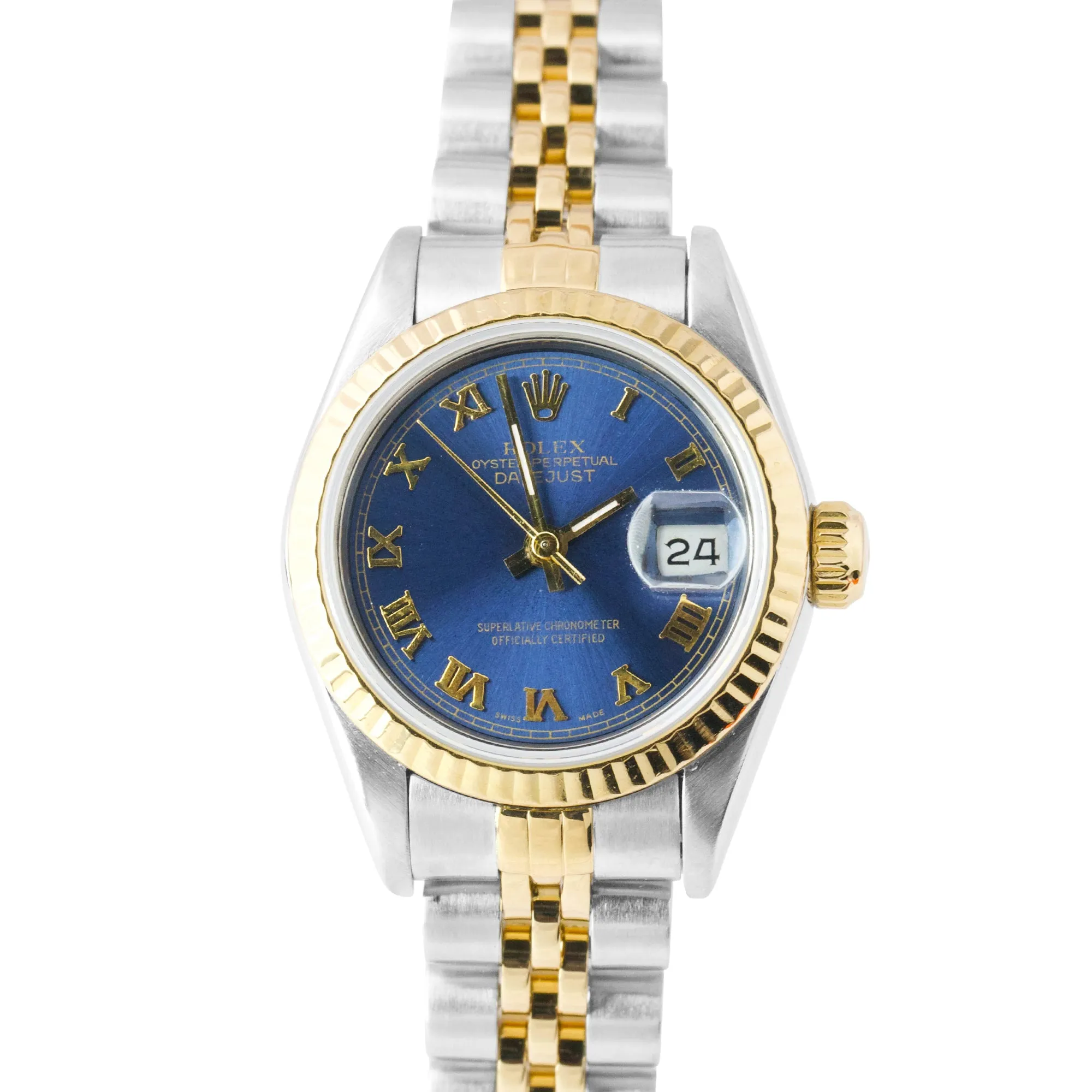 Ladies Rolex DateJust 26mm Jubilee Blue Roman Dial Two-Tone Gold Watch 69173