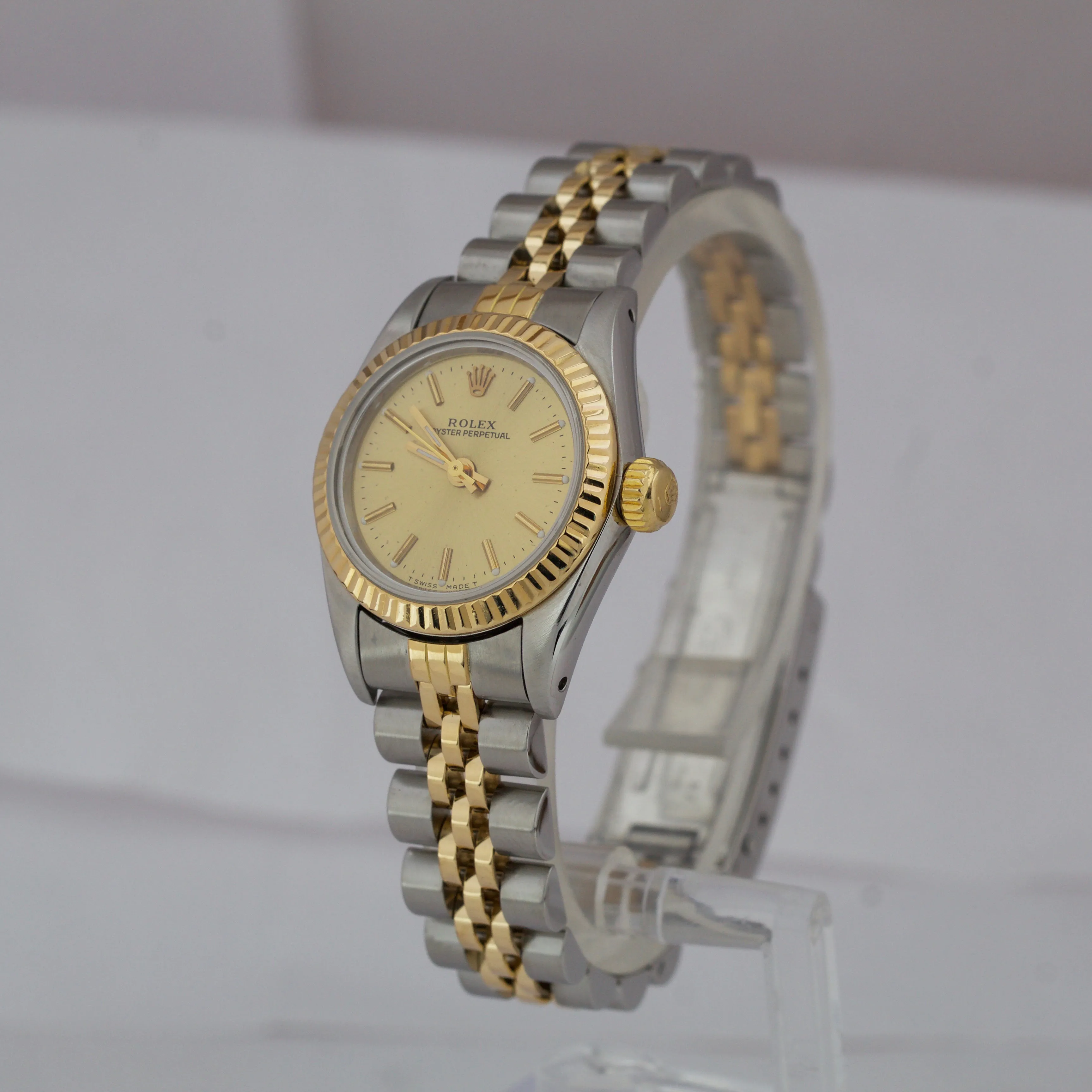 Ladies Rolex Oyster Perpetual 24mm Champagne Two Tone Gold Steel Watch 67193
