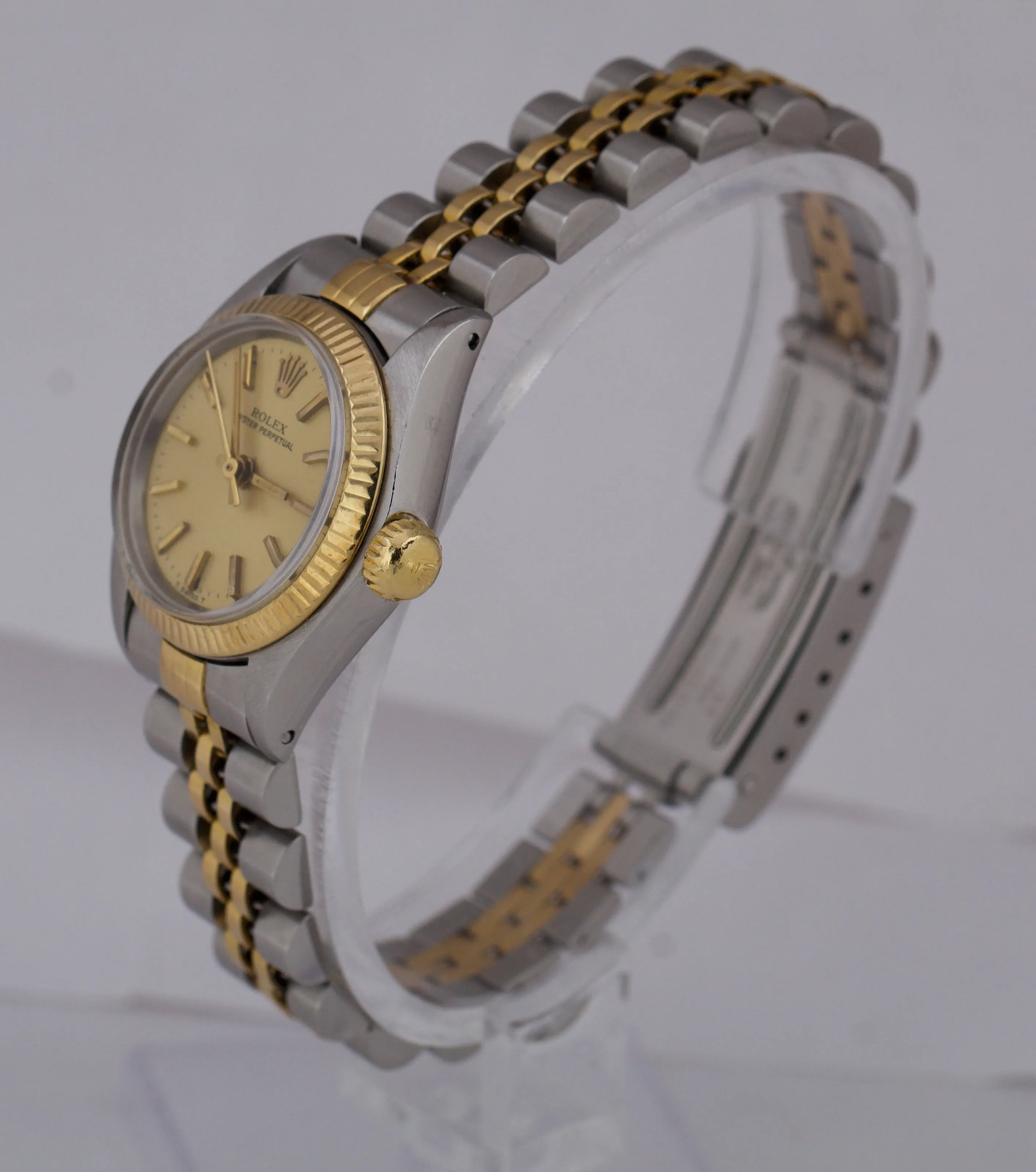 Ladies Rolex Oyster Perpetual 24mm Champagne Two Tone Gold Steel Watch 6719