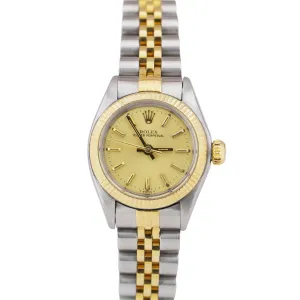 Ladies Rolex Oyster Perpetual 24mm Champagne Two Tone Gold Steel Watch 6719