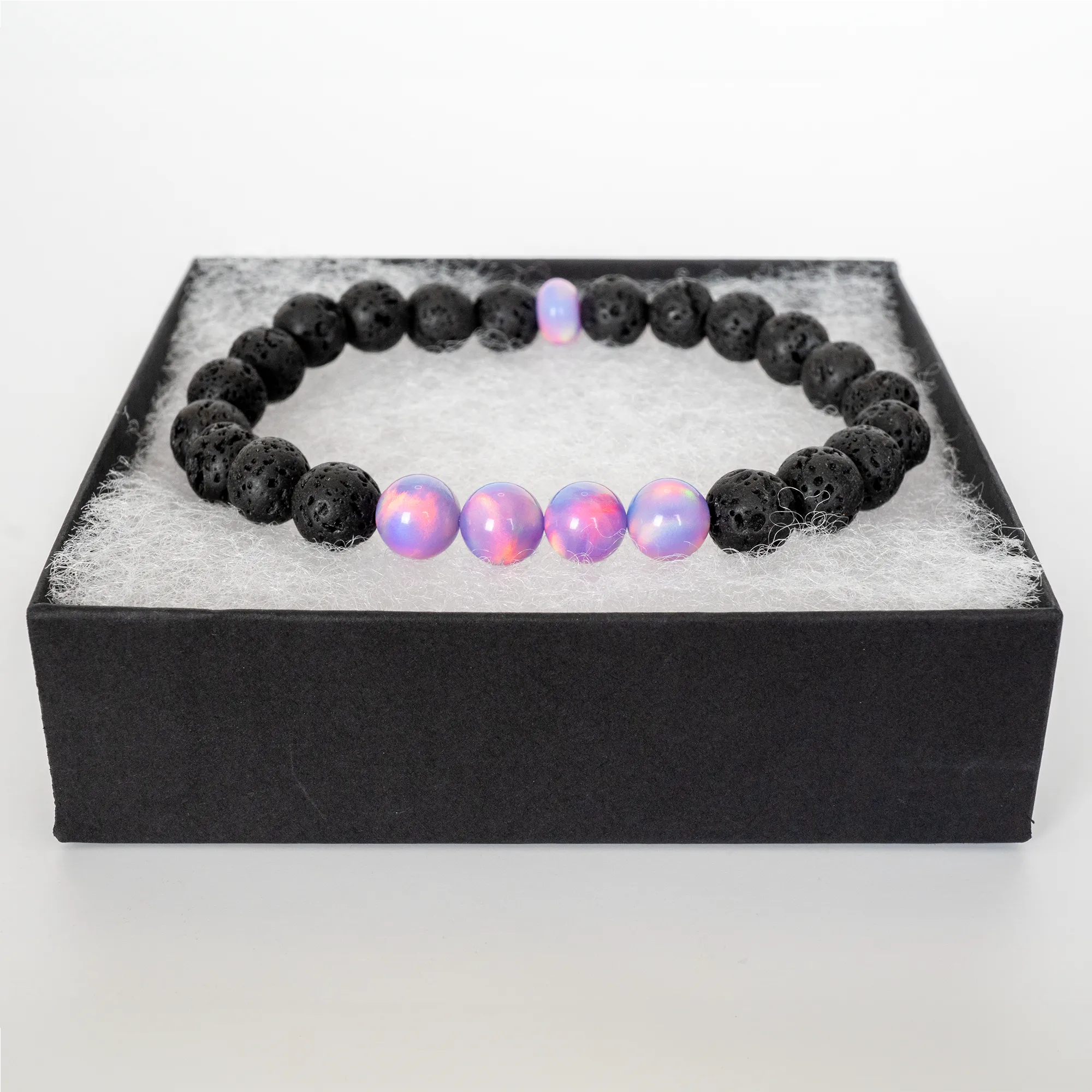 Lilac Galaxy Opalescence & Lava Stone Beaded Bracelet
