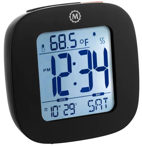Marathon Clock Compact Alarm Temperature & Date Black