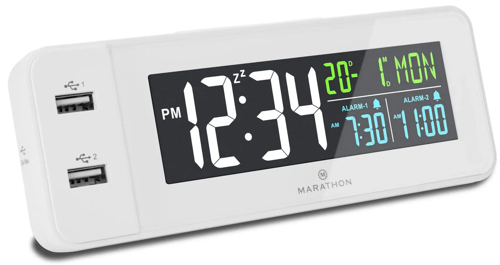 Marathon Clock LED Colour Display Dual USB Charging Alarm White