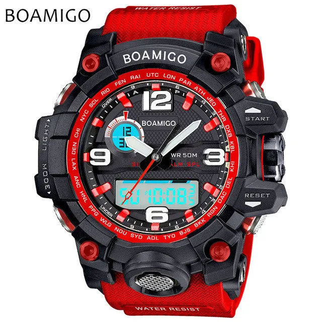 men sports watches dual display analog digital LED Electronic black quartz watches BOAMIGO brand 50M swimming waterproof watch