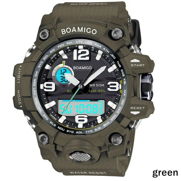 men sports watches dual display analog digital LED Electronic black quartz watches BOAMIGO brand 50M swimming waterproof watch