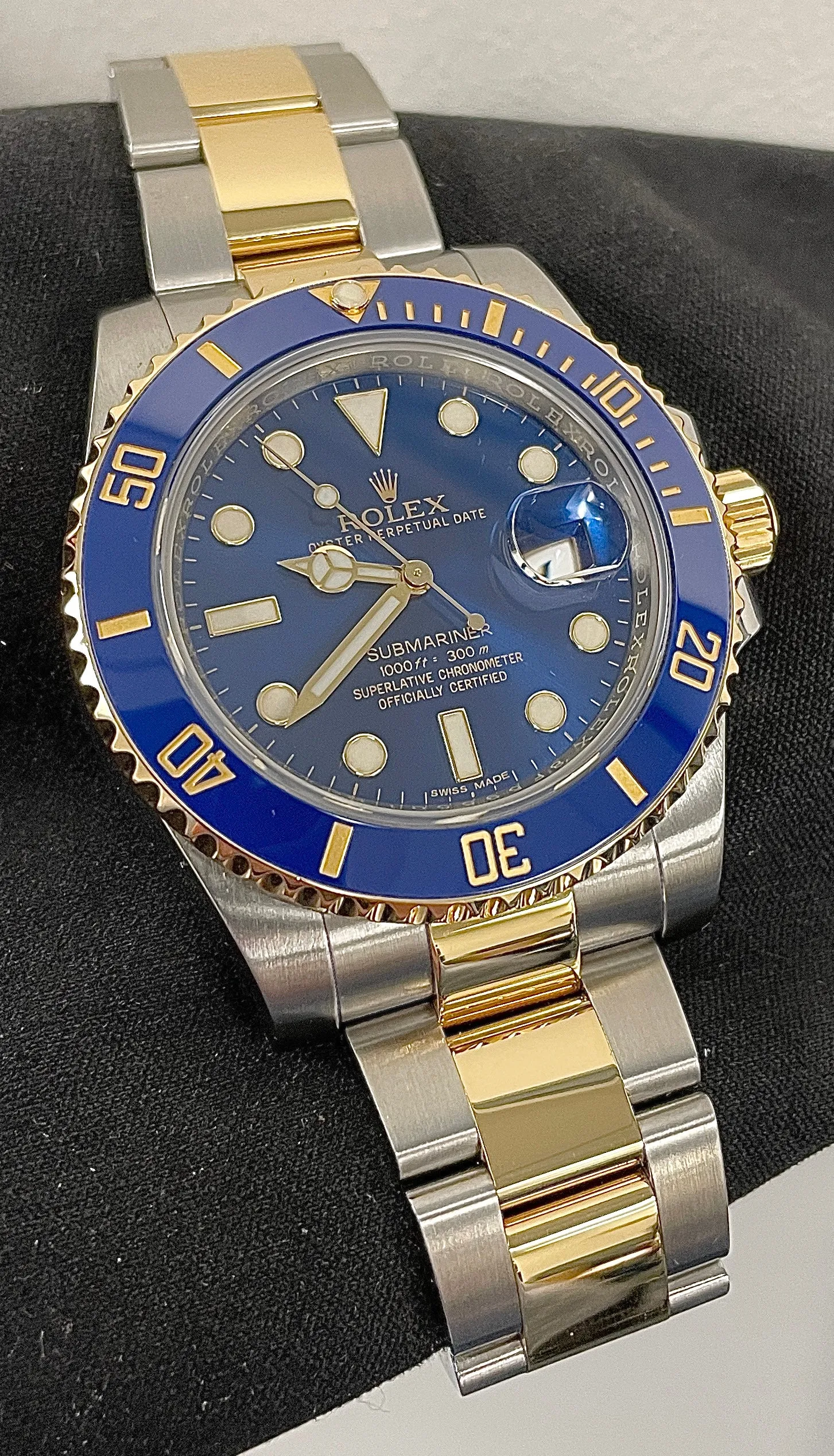 MINT 2015 Rolex Submariner Sunburst Blue Ceramic 116613 LB Two-Tone 18K Gold