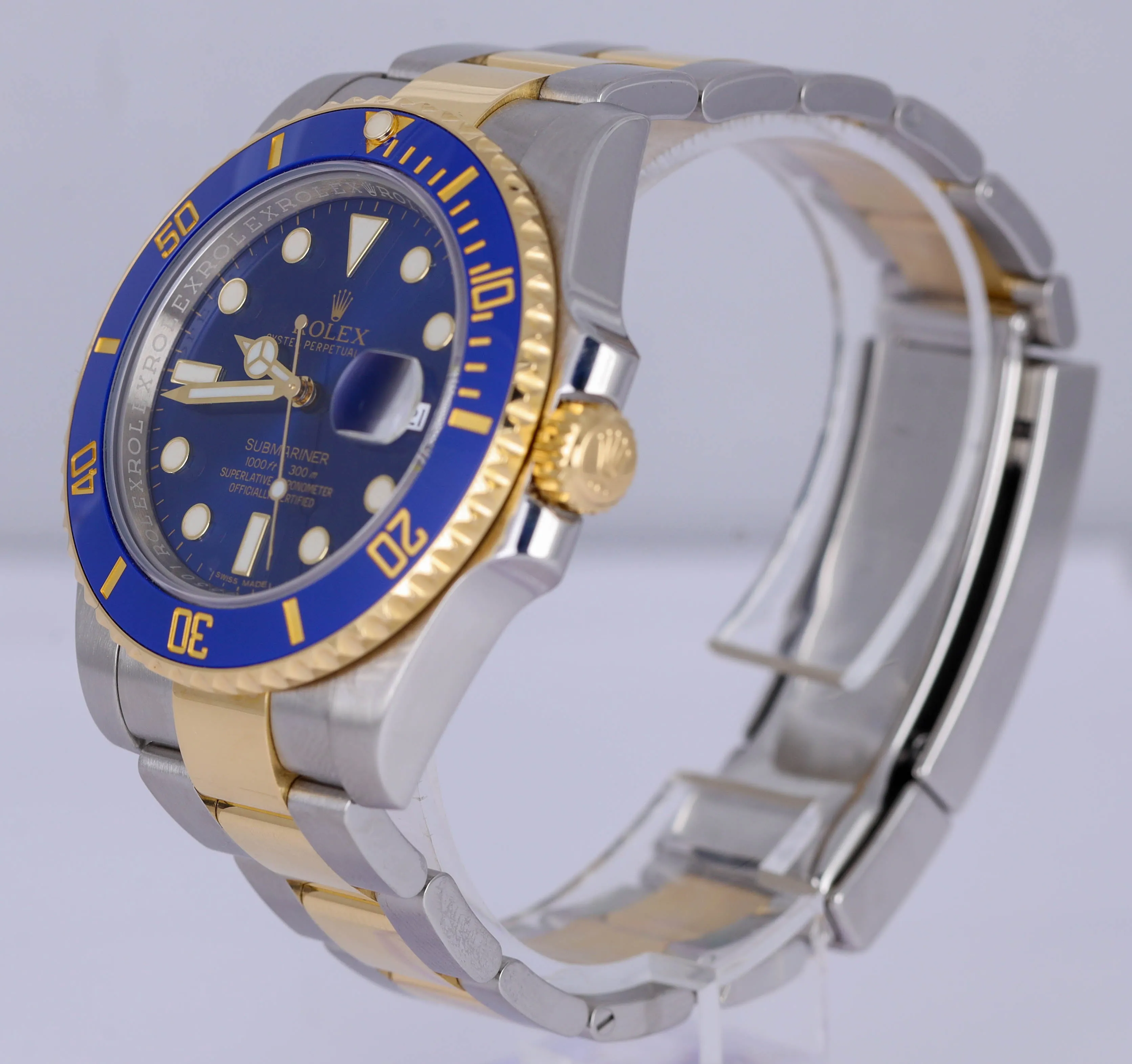 MINT 2015 Rolex Submariner Sunburst Blue Ceramic 116613 LB Two-Tone 18K Gold