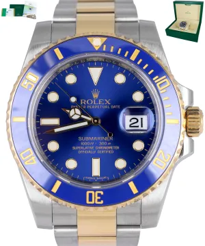 MINT 2015 Rolex Submariner Sunburst Blue Ceramic 116613 LB Two-Tone 18K Gold