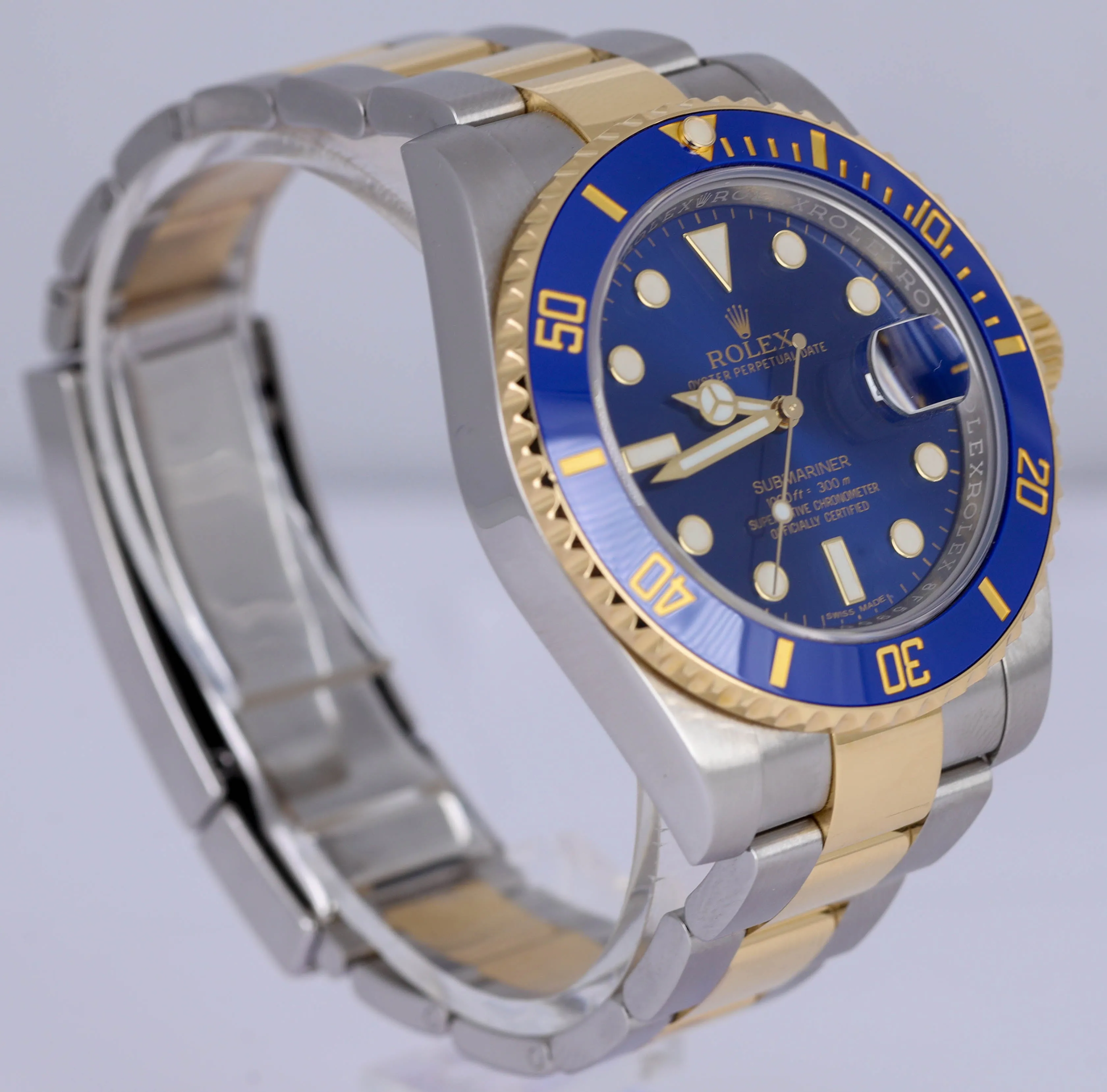MINT 2015 Rolex Submariner Sunburst Blue Ceramic 116613 LB Two-Tone 18K Gold