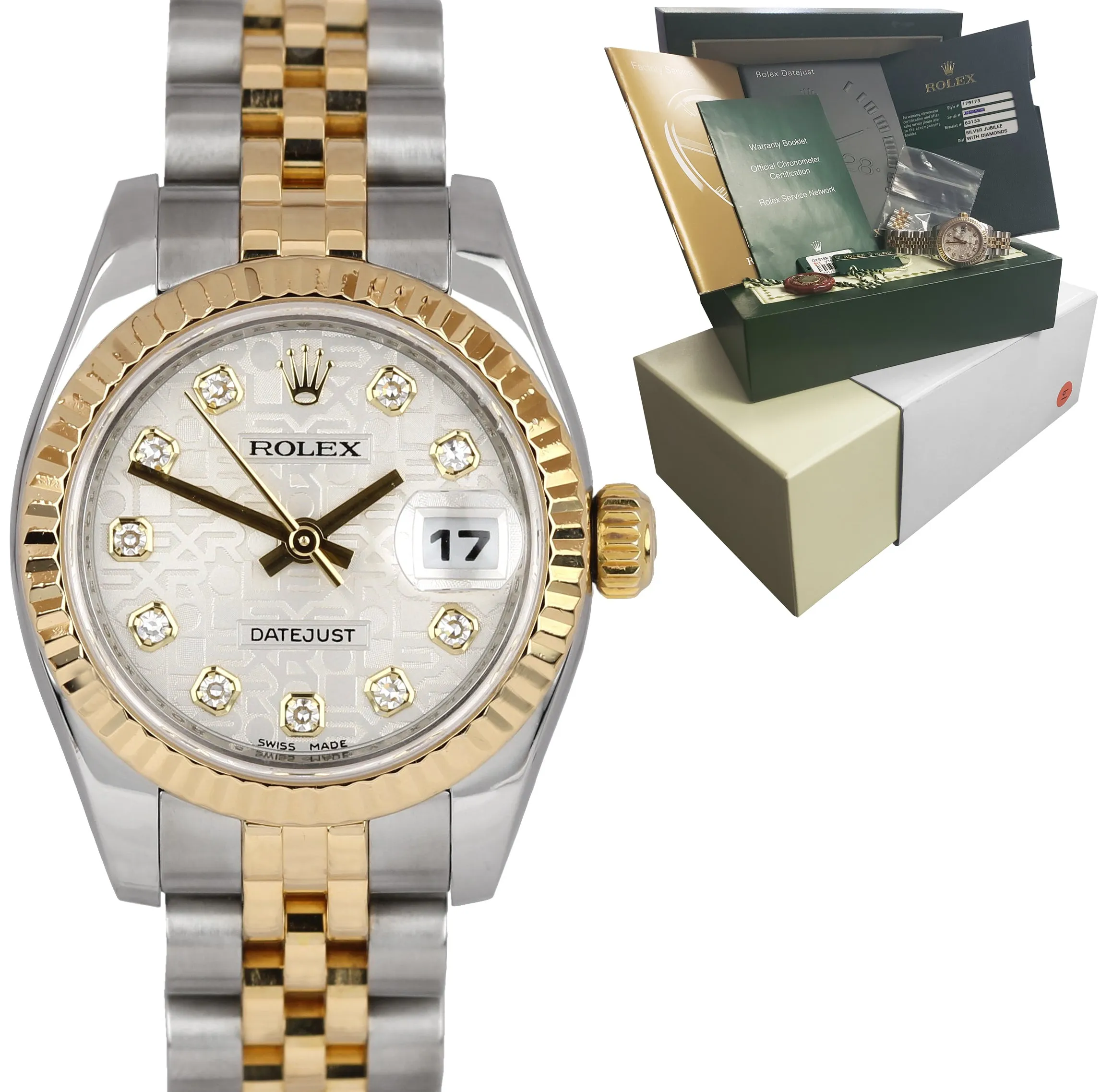 MINT Ladies Rolex DateJust Diamond Two-Tone Gold 26mm Jubilee Watch 179173 B P