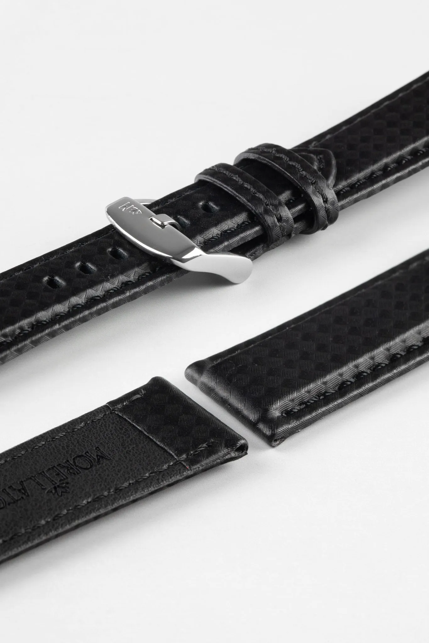 Morellato BIKING Carbon Fibre-Embossed Calfskin Leather Watch Strap in BLACK with BLACK Stitch
