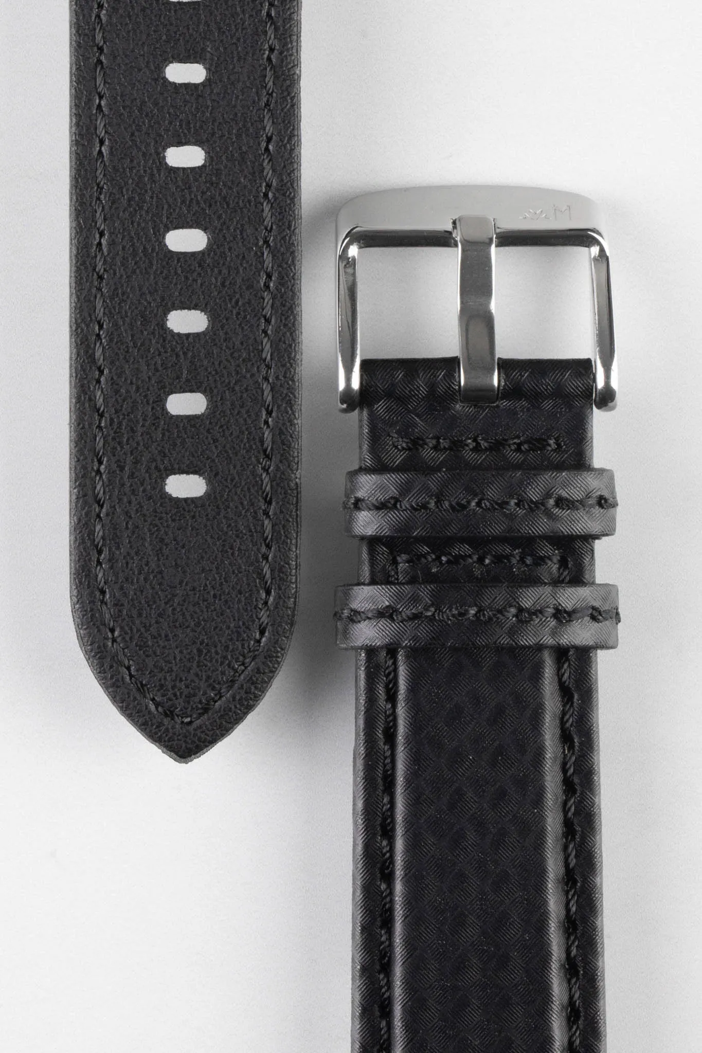 Morellato BIKING Carbon Fibre-Embossed Calfskin Leather Watch Strap in BLACK with BLACK Stitch