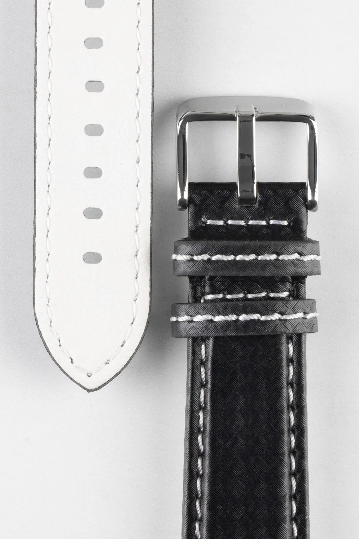 Morellato BIKING Carbon Fibre-Embossed Calfskin Leather Watch Strap in BLACK with WHITE Stitching