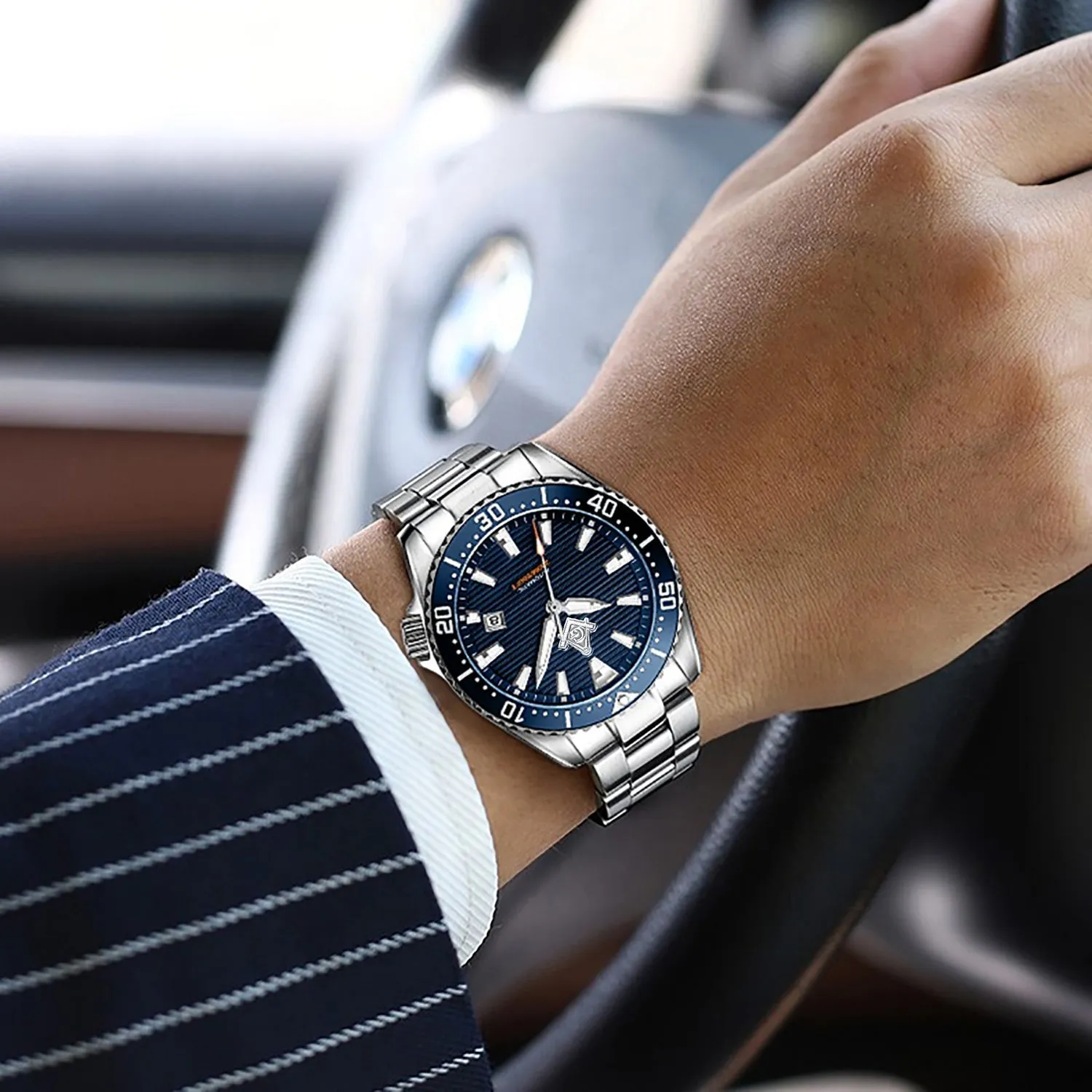 New Men's Stainless Steel Automatic Master Mason Masonic Driver Watch, 43mm