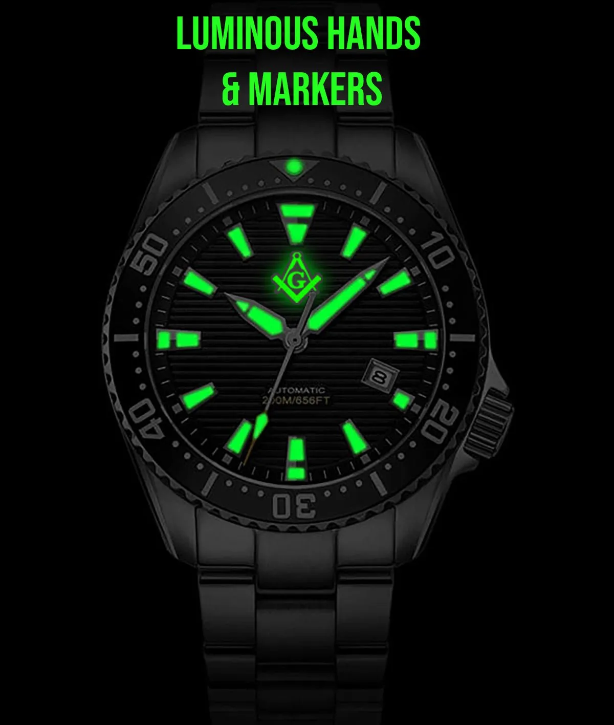 New Men's Stainless Steel Automatic Master Mason Masonic Driver Watch, 43mm