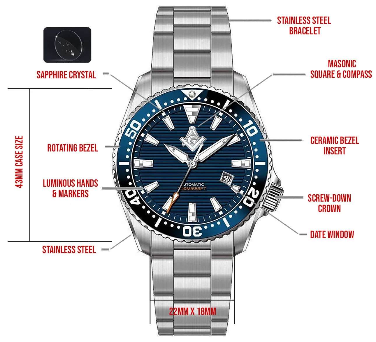 New Men's Stainless Steel Automatic Master Mason Masonic Driver Watch, 43mm
