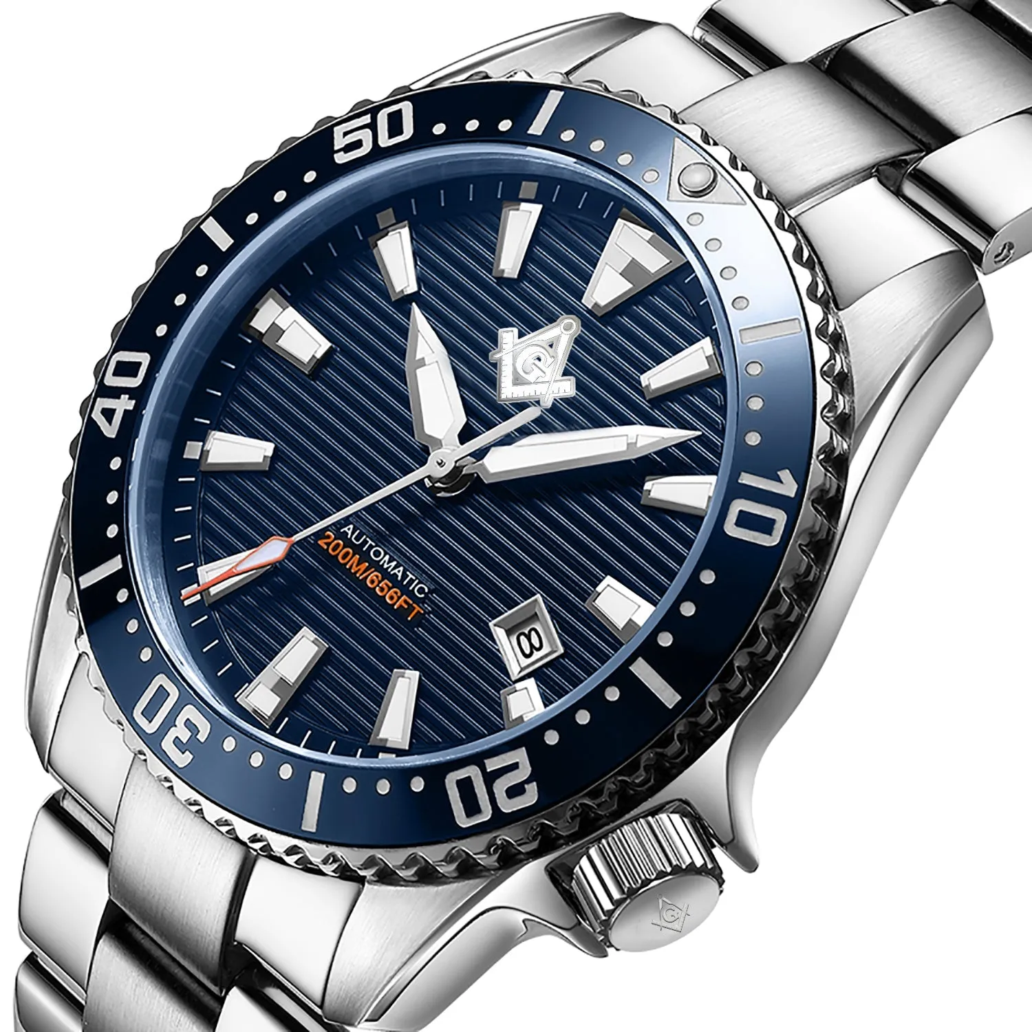 New Men's Stainless Steel Automatic Master Mason Masonic Driver Watch, 43mm