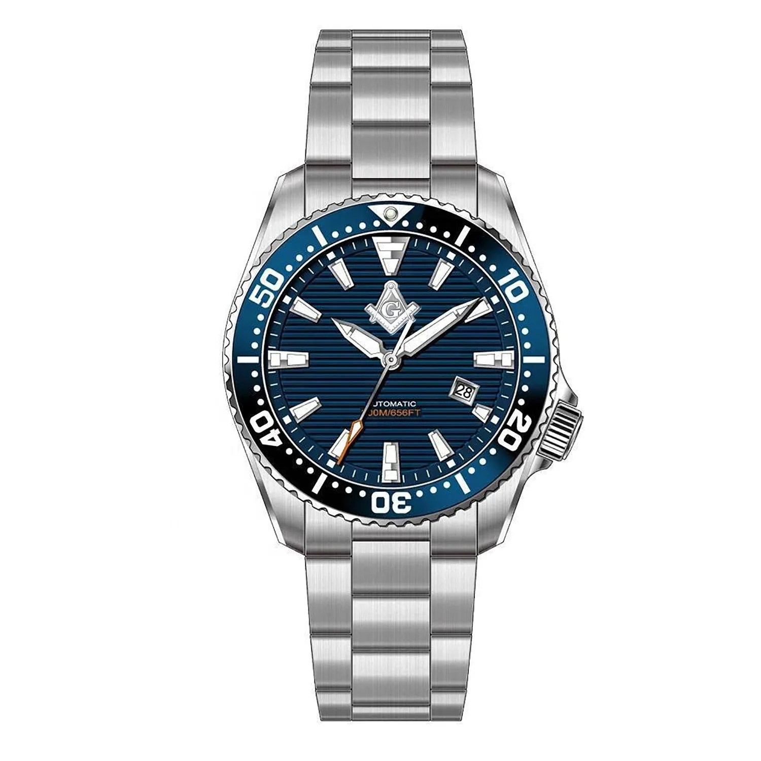 New Men's Stainless Steel Automatic Master Mason Masonic Driver Watch, 43mm