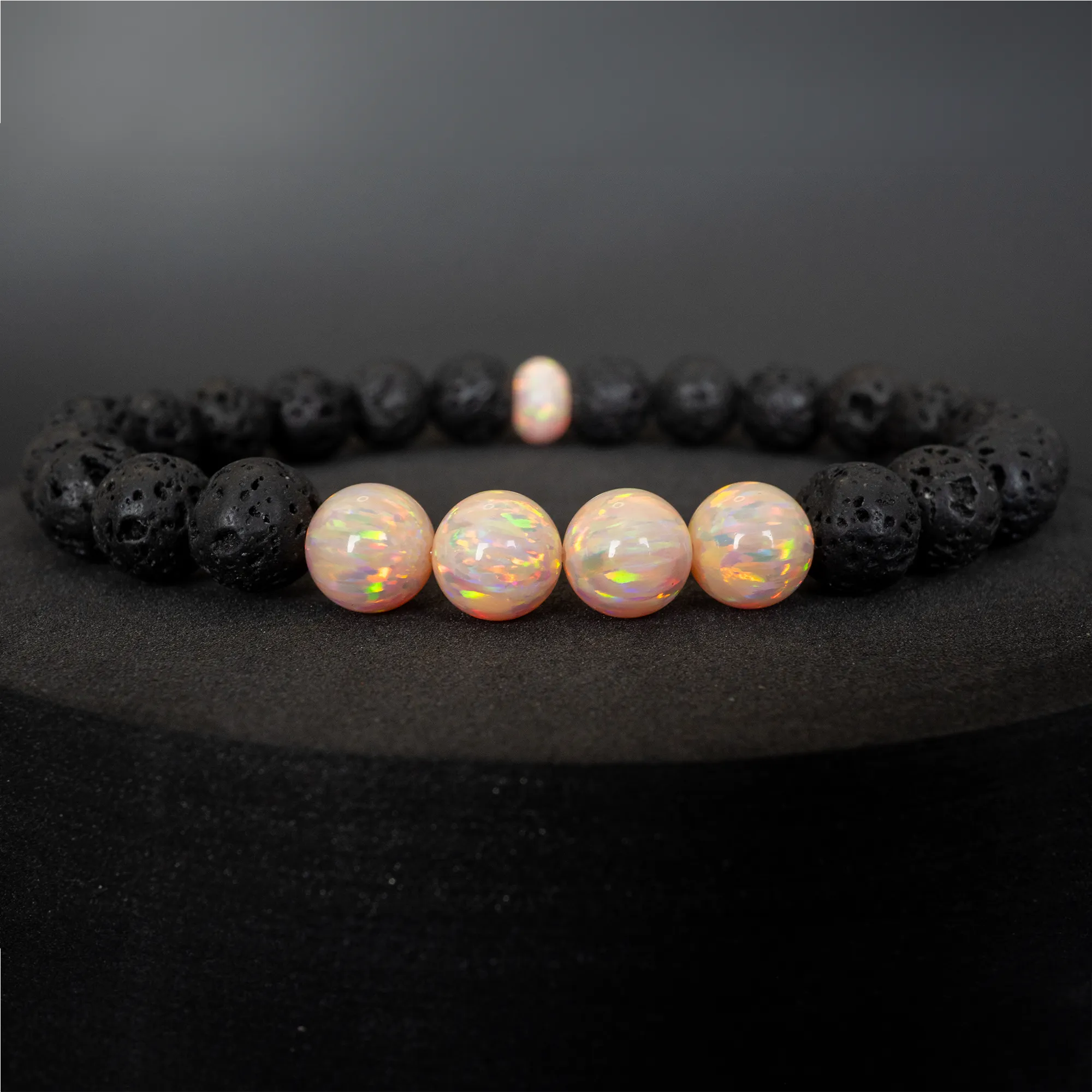 Peach Fuzz Opal & Lava Stone Beaded Bracelet