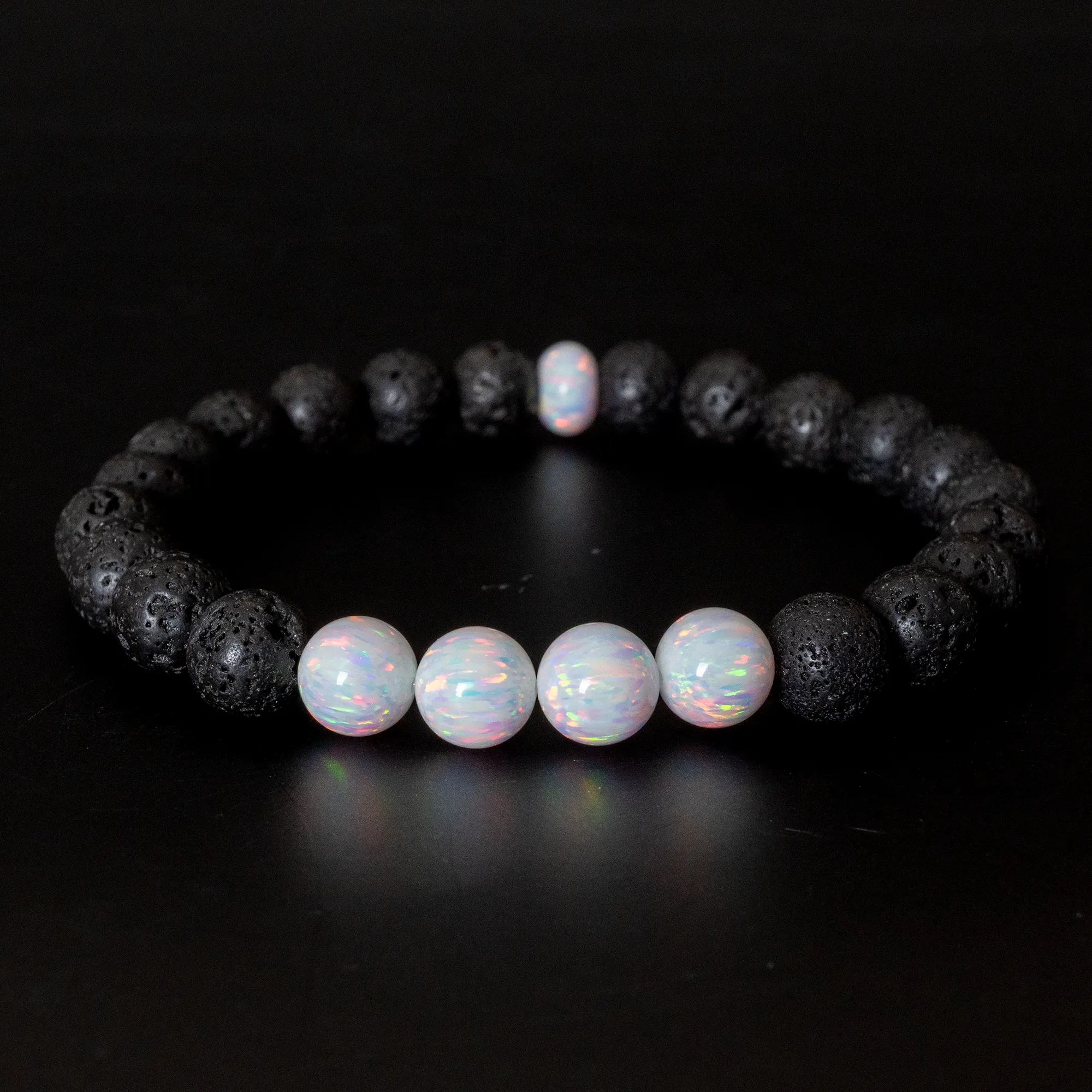 Pearl White Opal & Lava Stone Beaded Bracelet