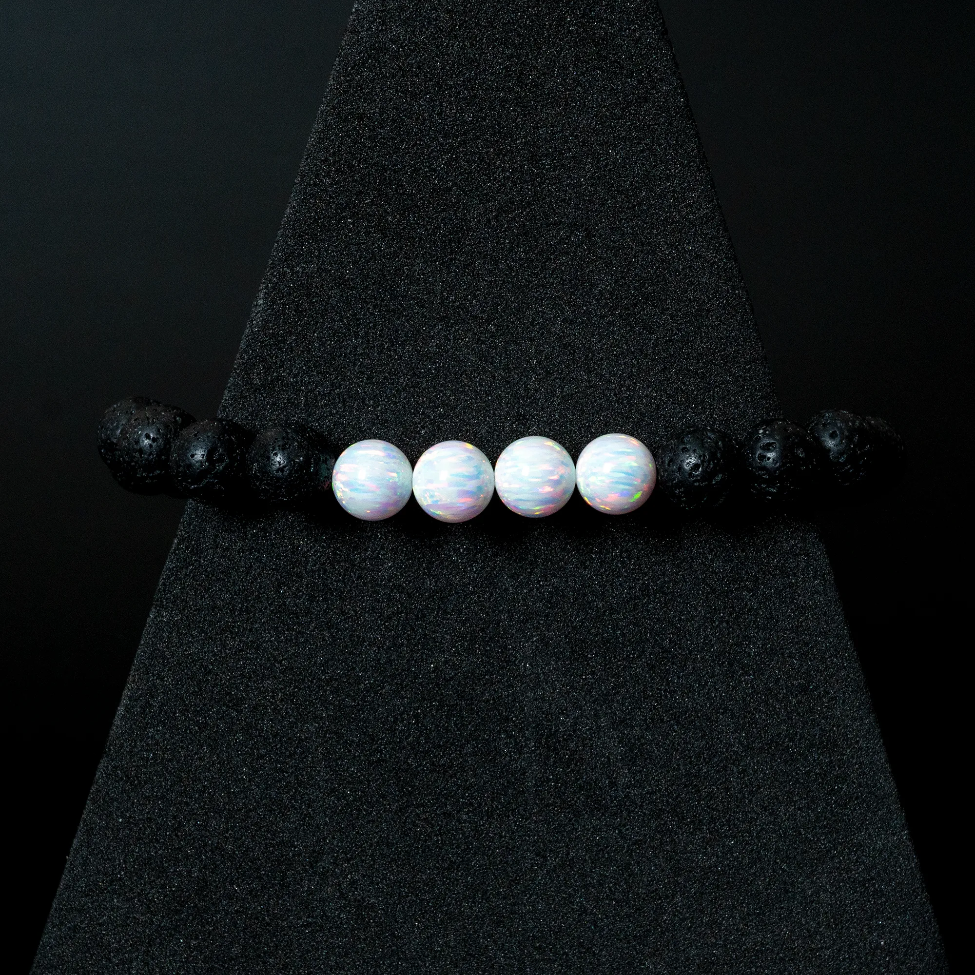 Pearl White Opal & Lava Stone Beaded Bracelet