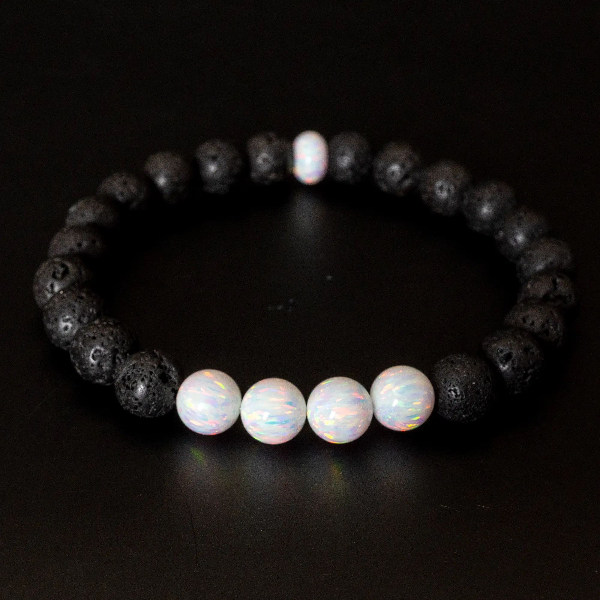 Pearl White Opal & Lava Stone Beaded Bracelet