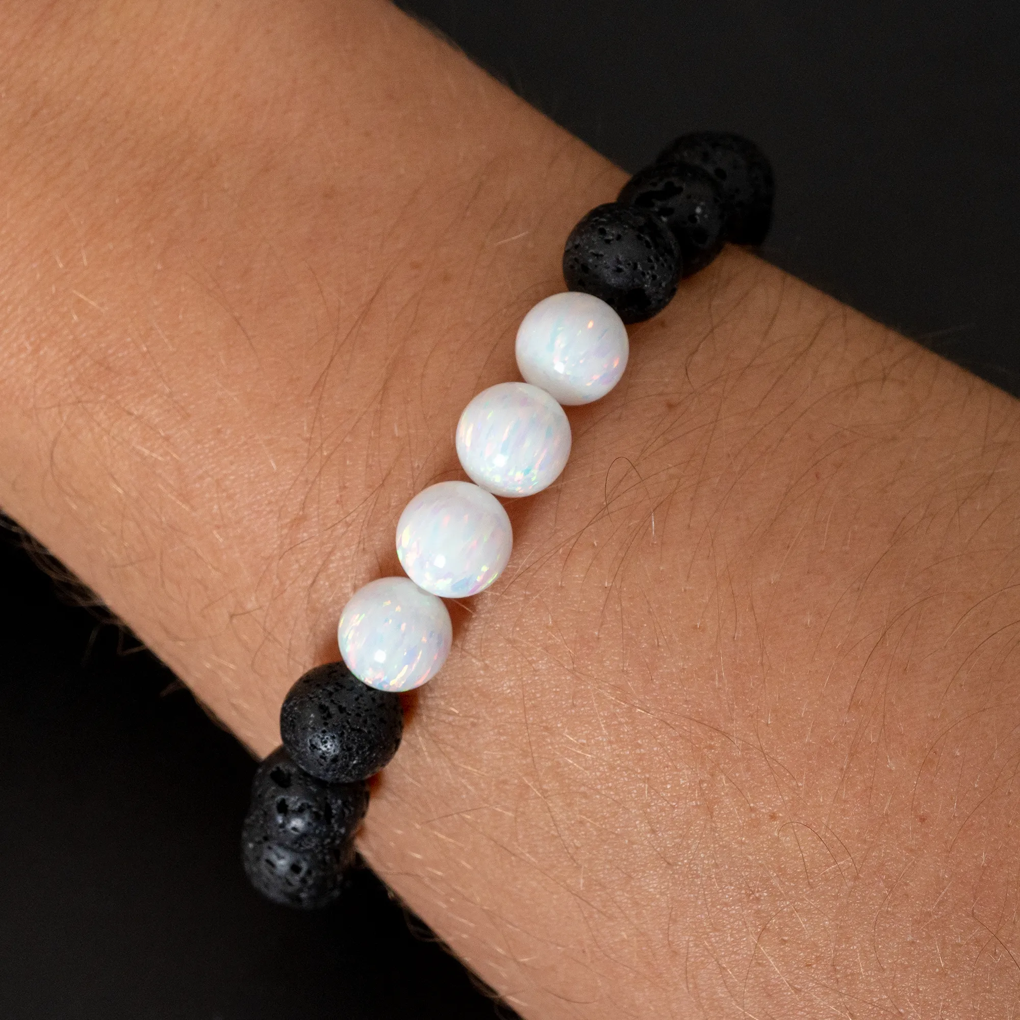Pearl White Opal & Lava Stone Beaded Bracelet