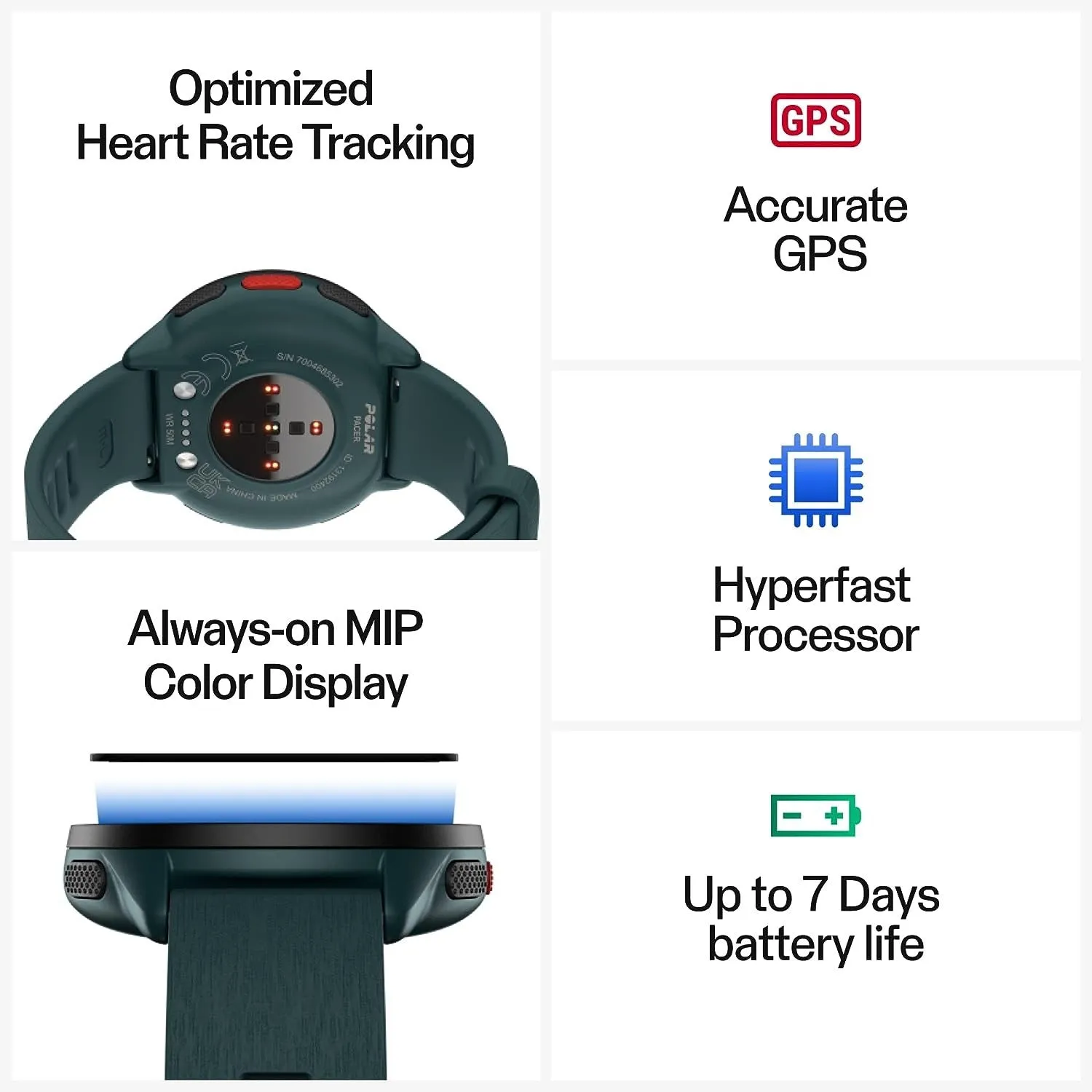 Polar Pacer GPS Running Watch High-Speed Processor Ultra-Light Display- Teal