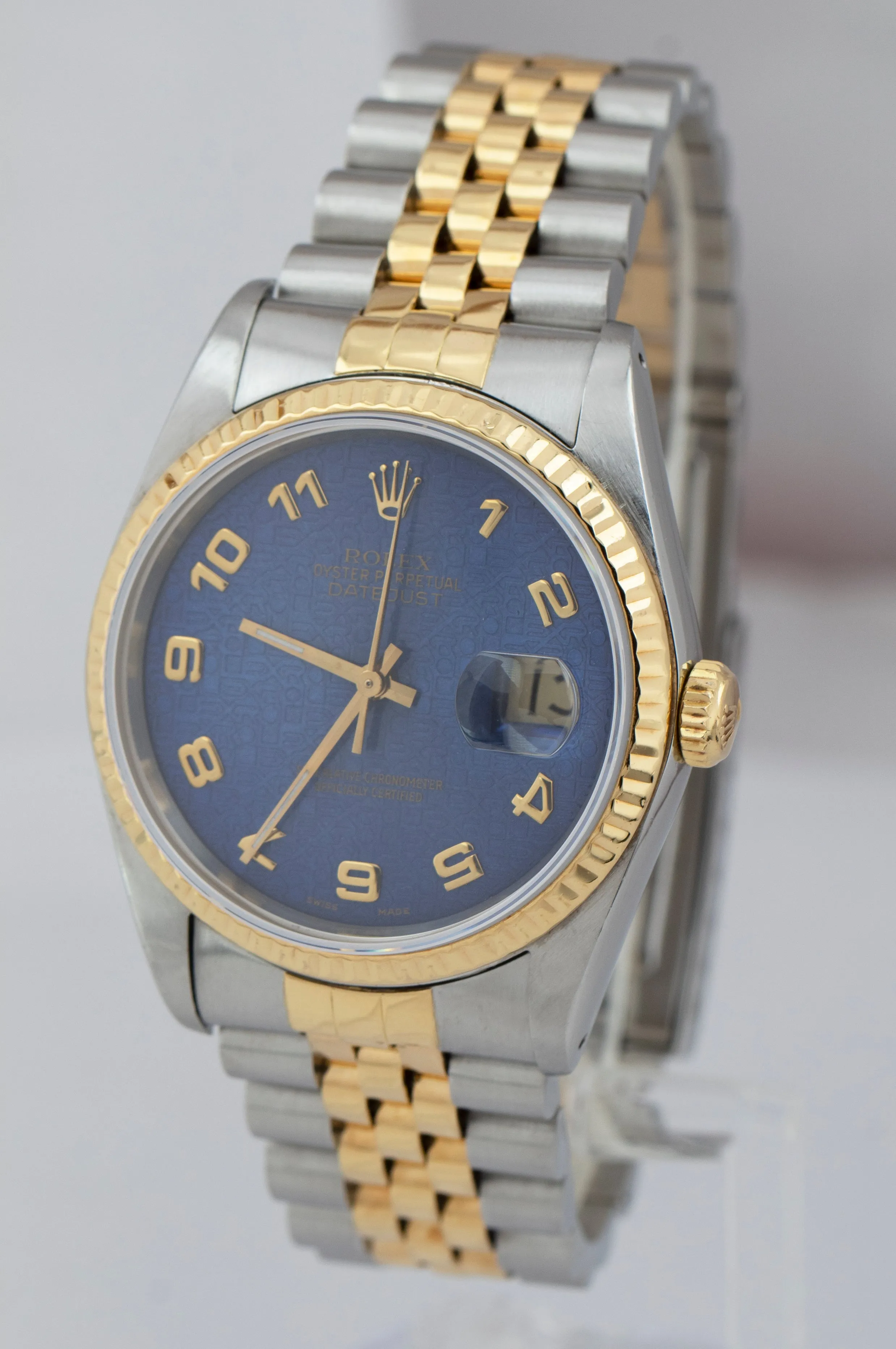RARE Rolex DateJust 36mm BLUE ARABIC JUBILEE 18K Yellow Gold Steel Watch 16233