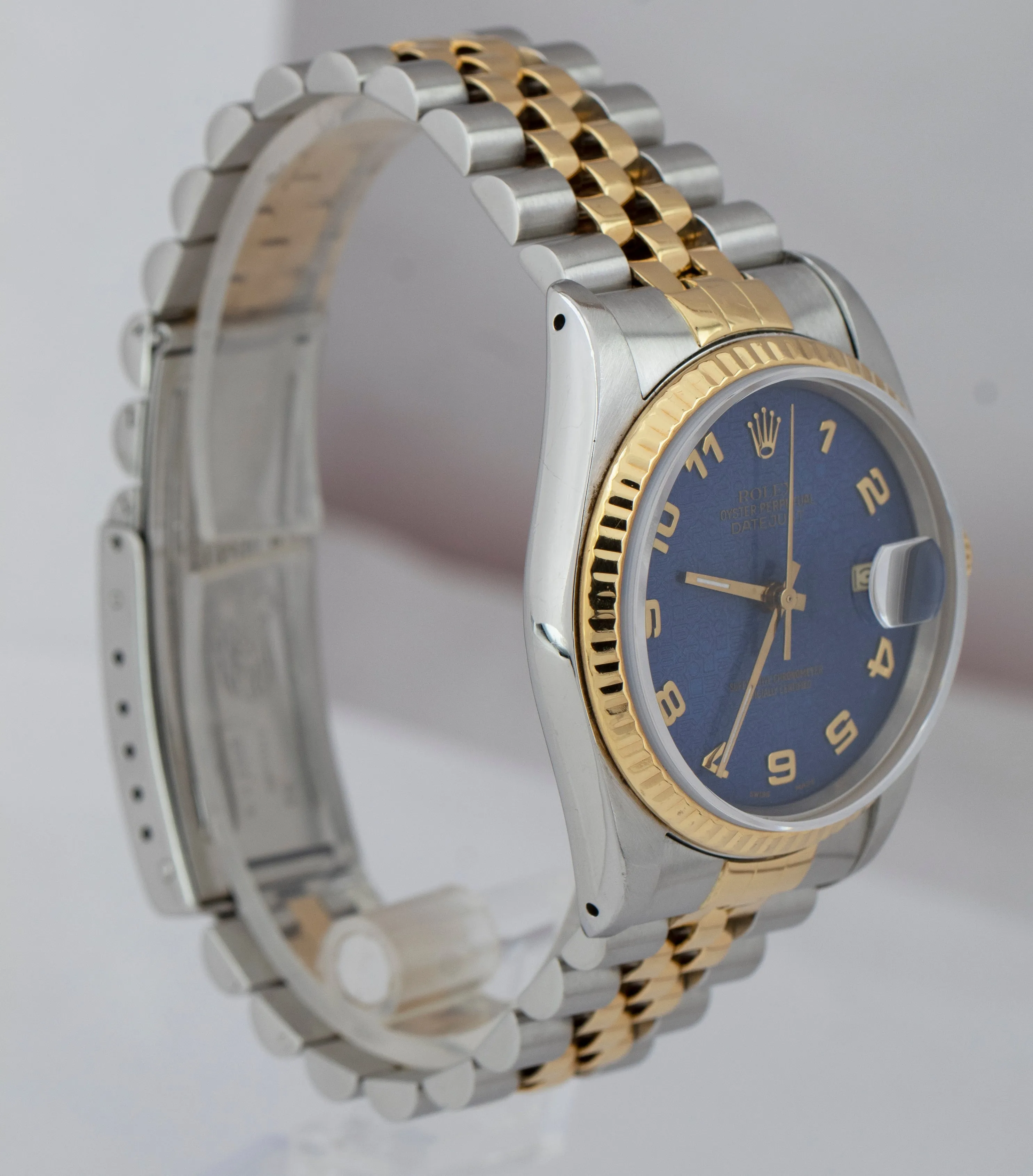 RARE Rolex DateJust 36mm BLUE ARABIC JUBILEE 18K Yellow Gold Steel Watch 16233