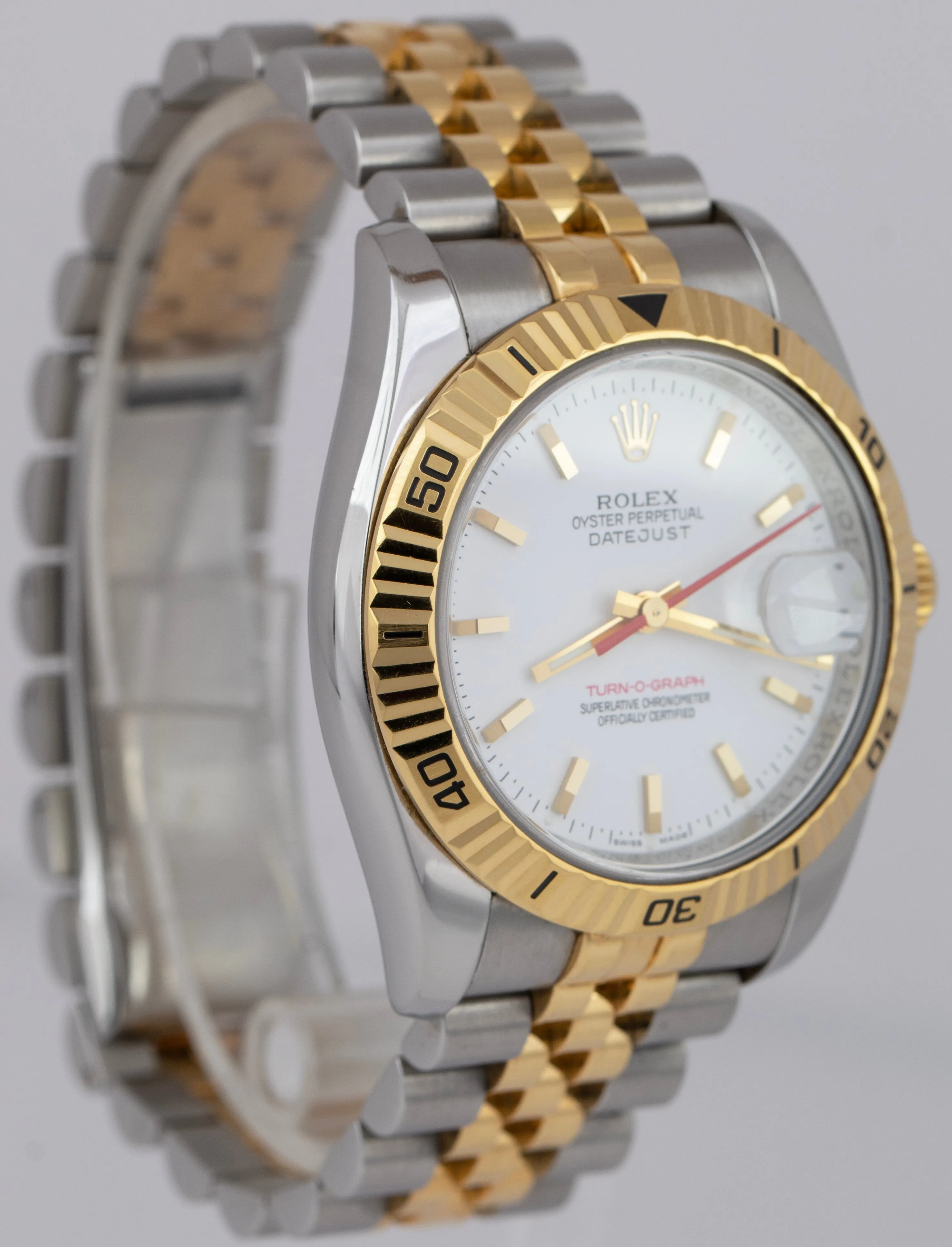 Rolex DateJust 116263 Turn-O-Graph 36mm White Thunderbird Two-Tone Watch RSC