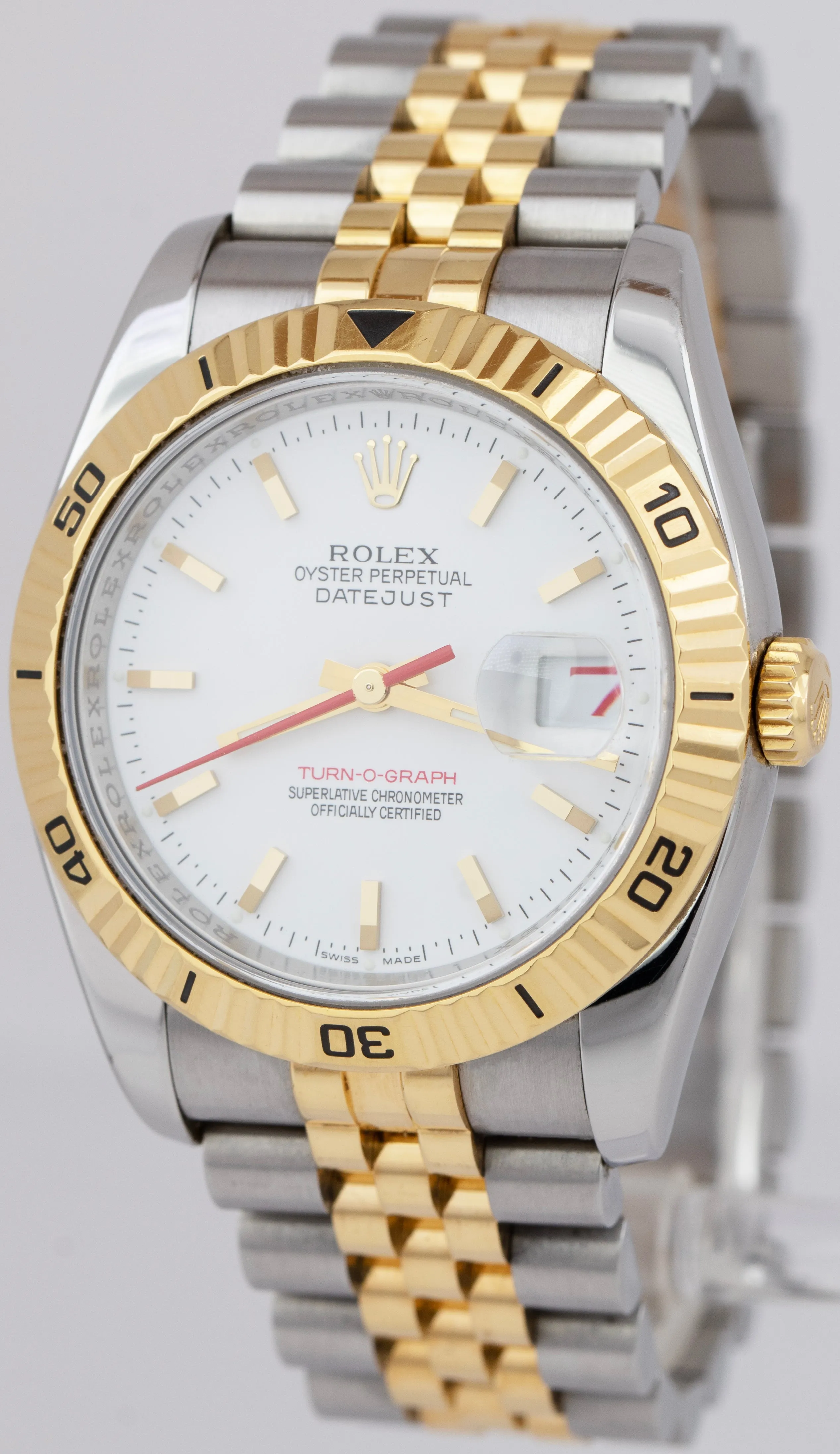 Rolex DateJust 116263 Turn-O-Graph 36mm White Thunderbird Two-Tone Watch RSC