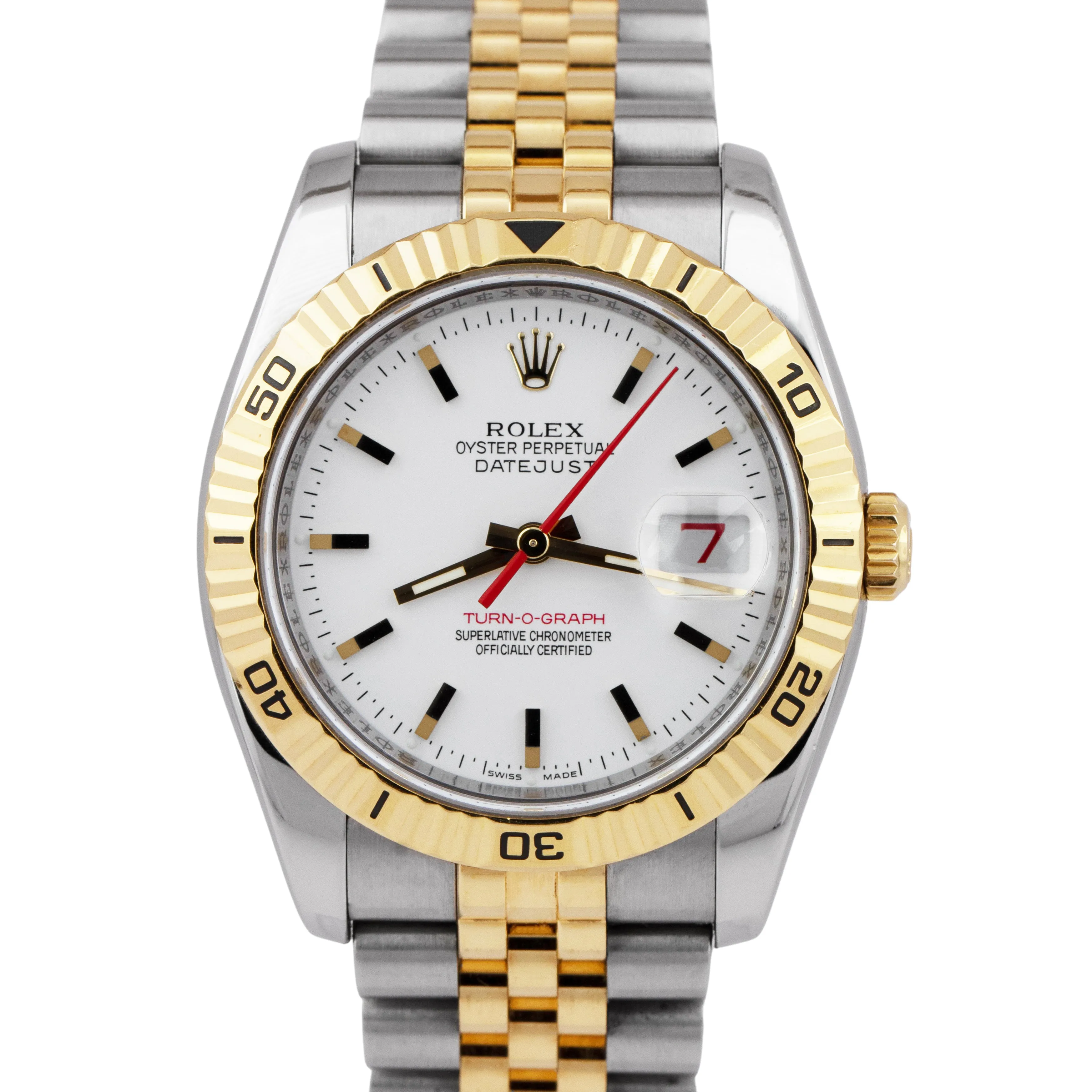 Rolex DateJust 116263 Turn-O-Graph 36mm White Thunderbird Two-Tone Watch RSC