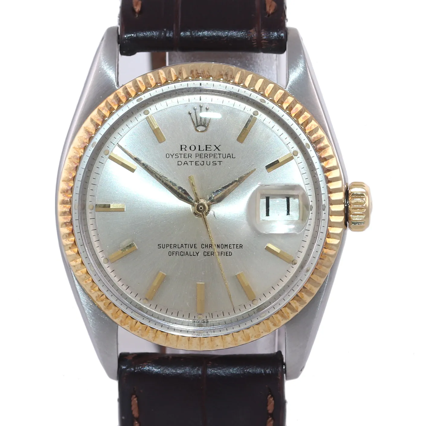 Rolex DateJust 1601 Yellow Gold Bezel Steel Pie Pan Leather 36mm Watch