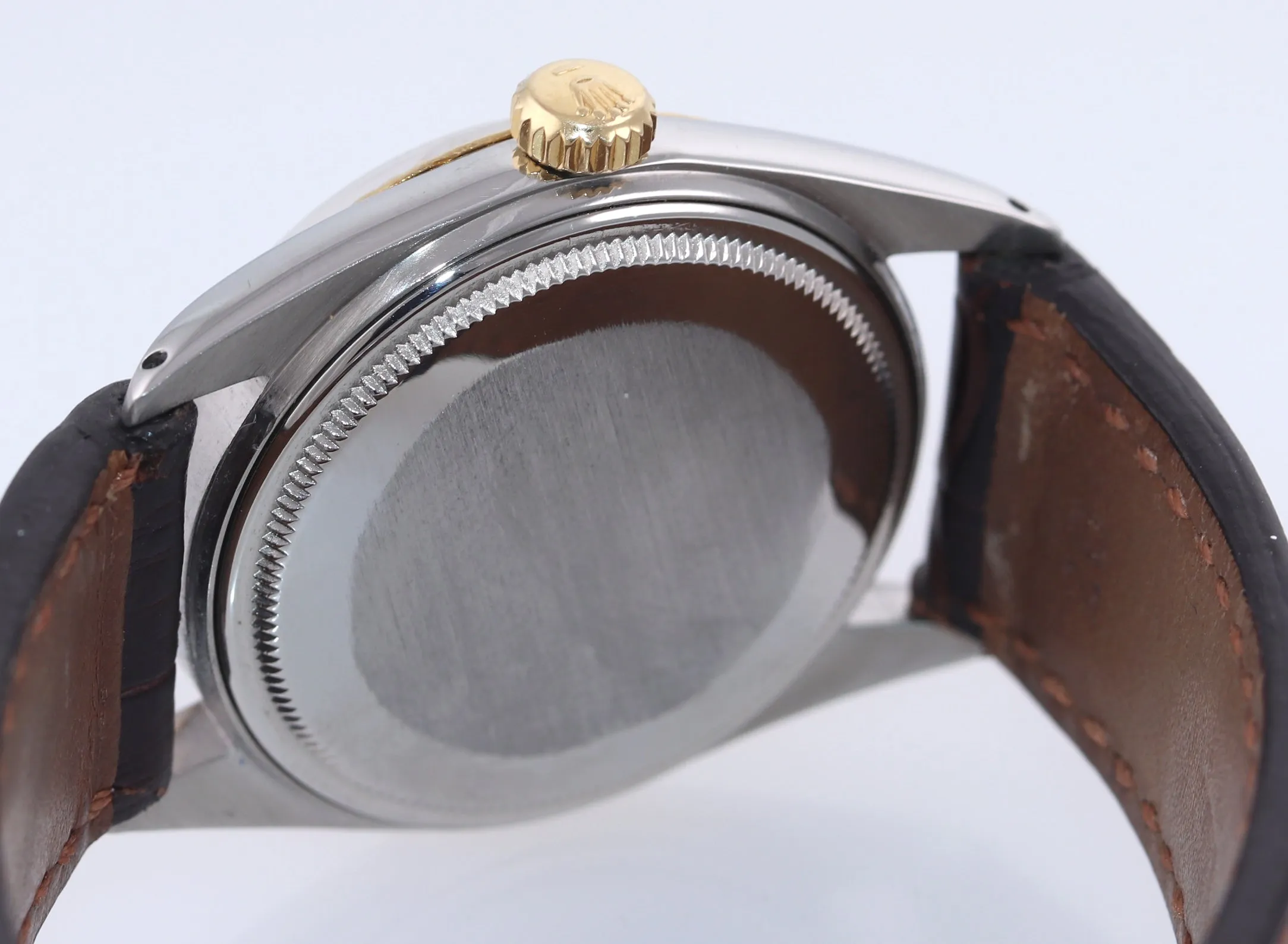 Rolex DateJust 1601 Yellow Gold Bezel Steel Pie Pan Leather 36mm Watch