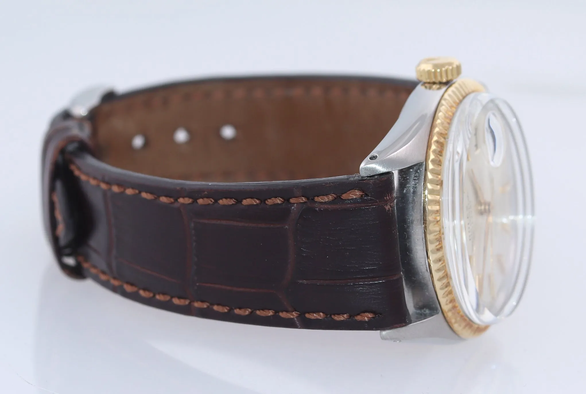 Rolex DateJust 1601 Yellow Gold Bezel Steel Pie Pan Leather 36mm Watch