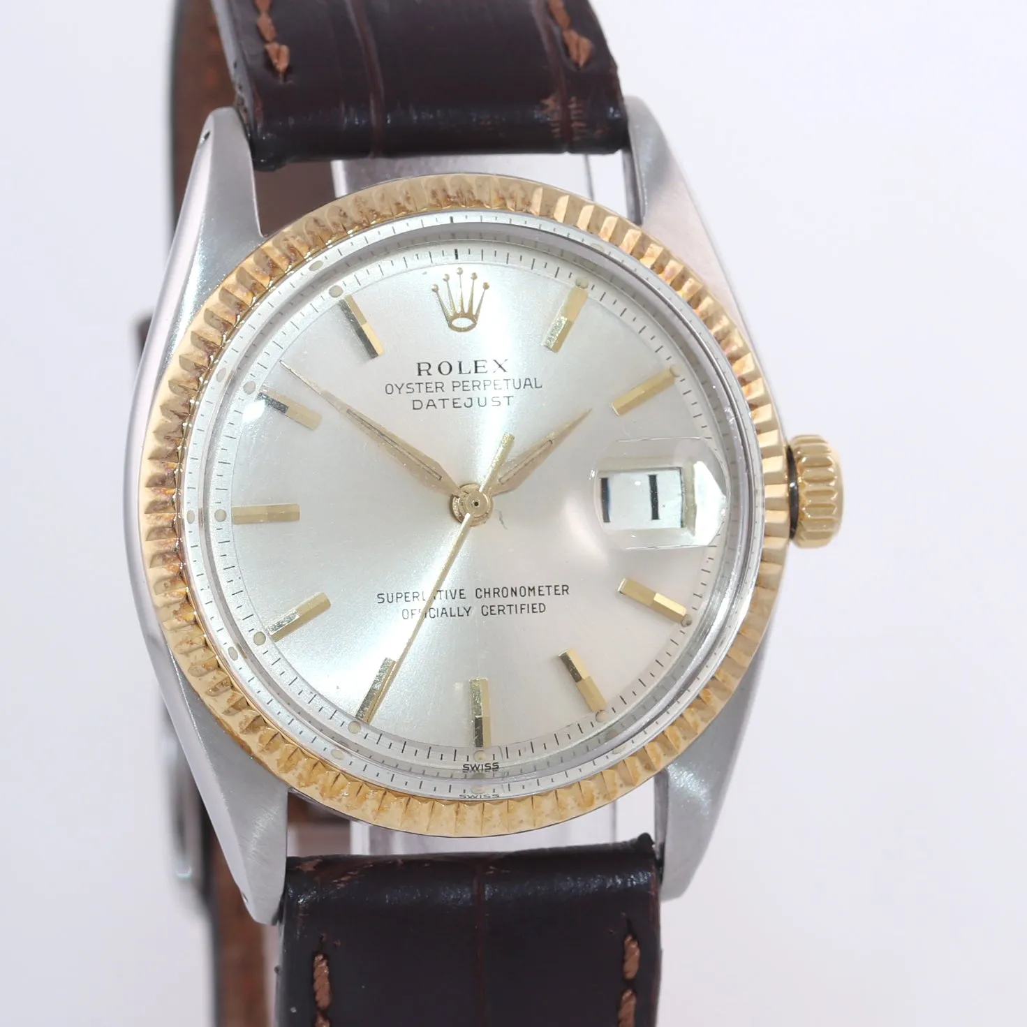 Rolex DateJust 1601 Yellow Gold Bezel Steel Pie Pan Leather 36mm Watch