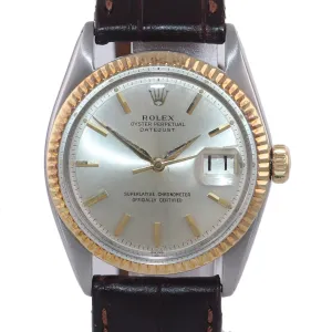 Rolex DateJust 1601 Yellow Gold Bezel Steel Pie Pan Leather 36mm Watch