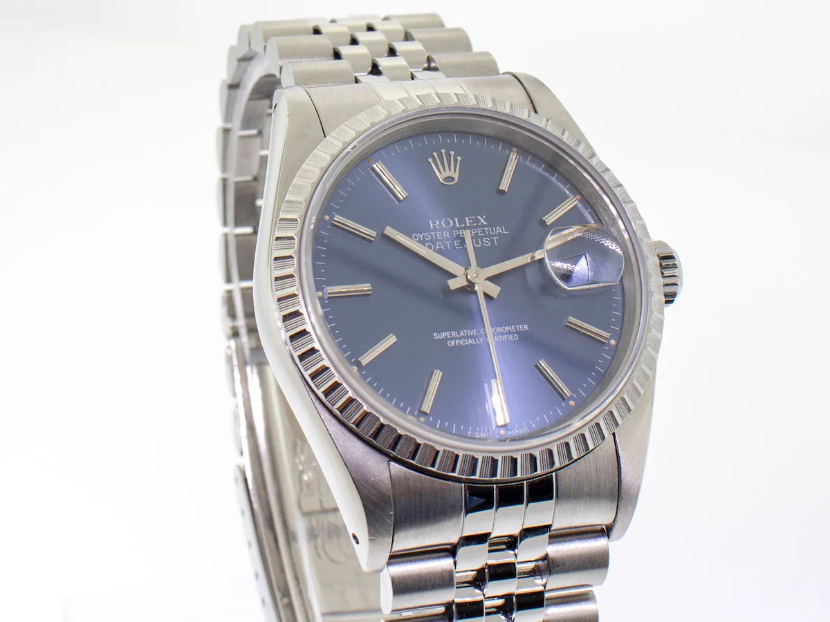 Rolex Datejust 36mm Stainless Steel Blue Stick Dial Engine Turned Bezel 16220