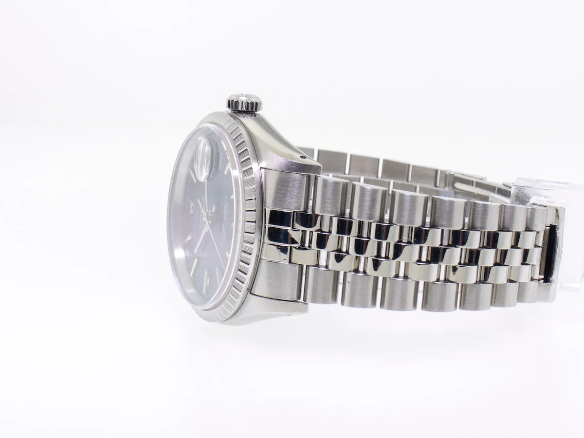 Rolex Datejust 36mm Stainless Steel Blue Stick Dial Engine Turned Bezel 16220