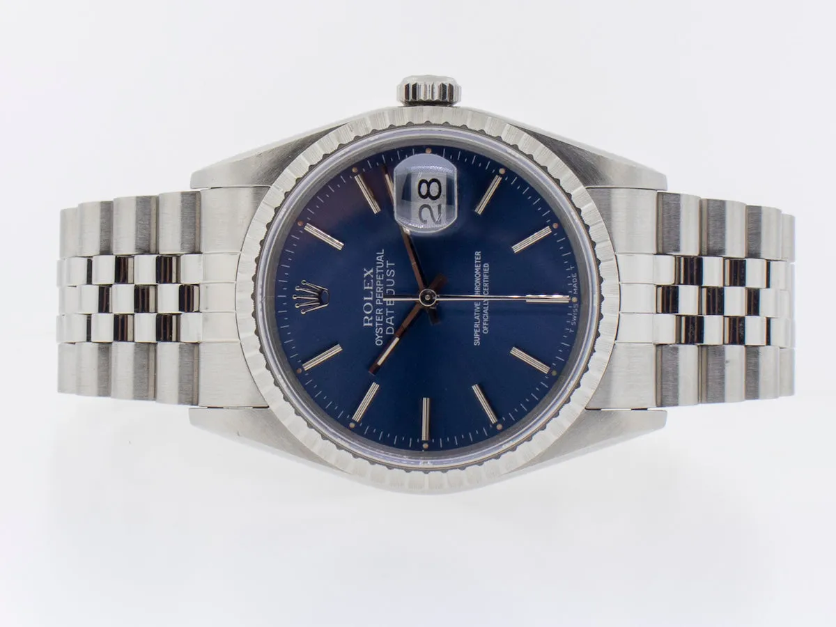 Rolex Datejust 36mm Stainless Steel Blue Stick Dial Engine Turned Bezel 16220