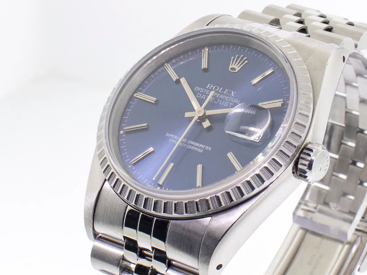 Rolex Datejust 36mm Stainless Steel Blue Stick Dial Engine Turned Bezel 16220