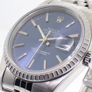 Rolex Datejust 36mm Stainless Steel Blue Stick Dial Engine Turned Bezel 16220