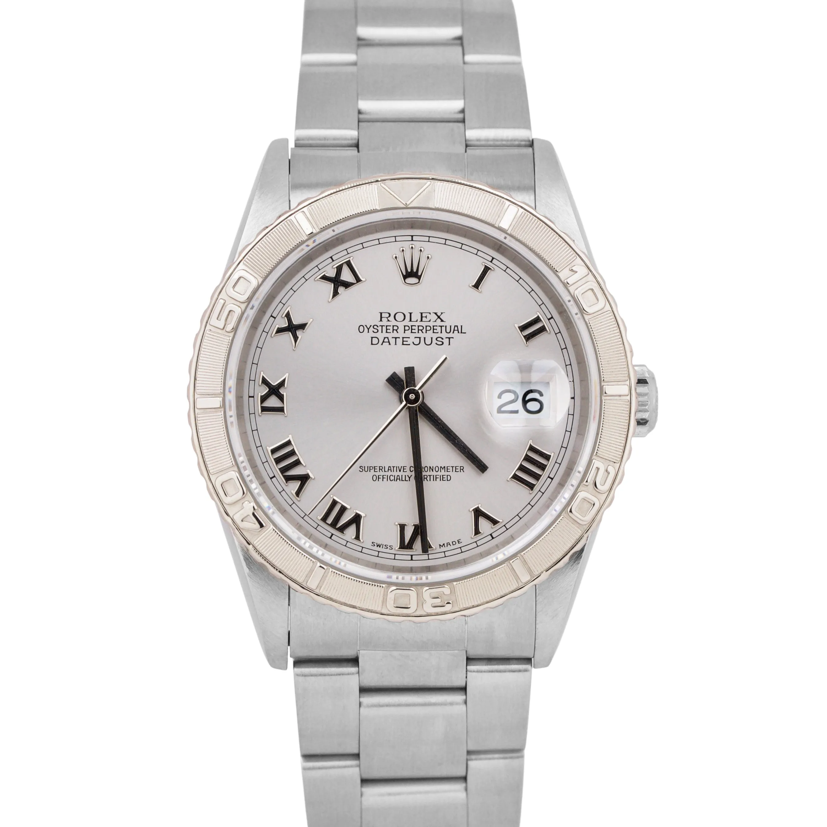 Rolex DateJust 36mm Turn-O-Graph Silver Roman Stainless Watch PAPERS 16264 B P