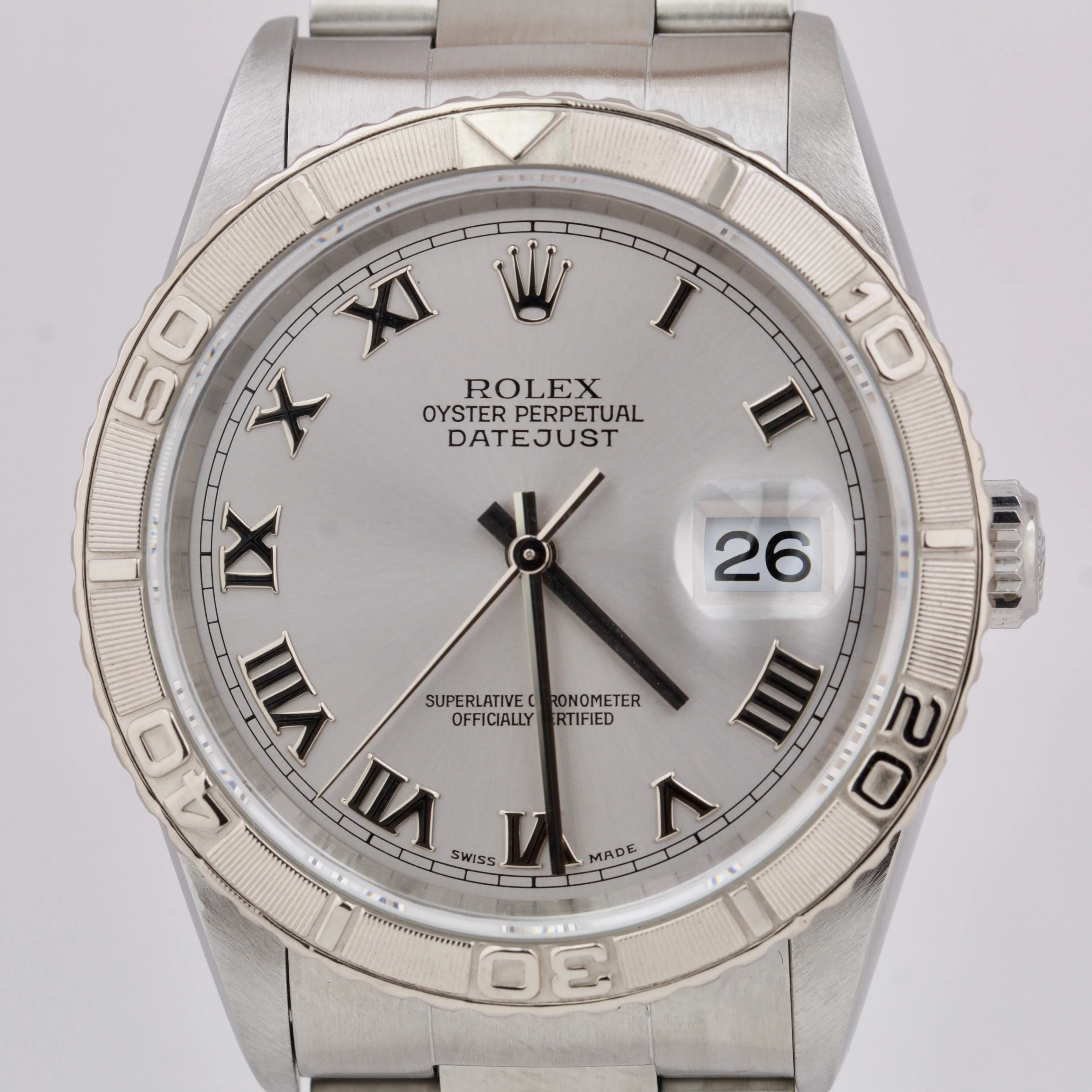 Rolex DateJust 36mm Turn-O-Graph Silver Roman Stainless Watch PAPERS 16264 B P