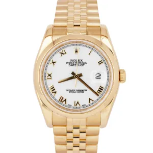Rolex DateJust 36mm White Roman 18K Yellow Gold Smooth Jubilee Watch 116208