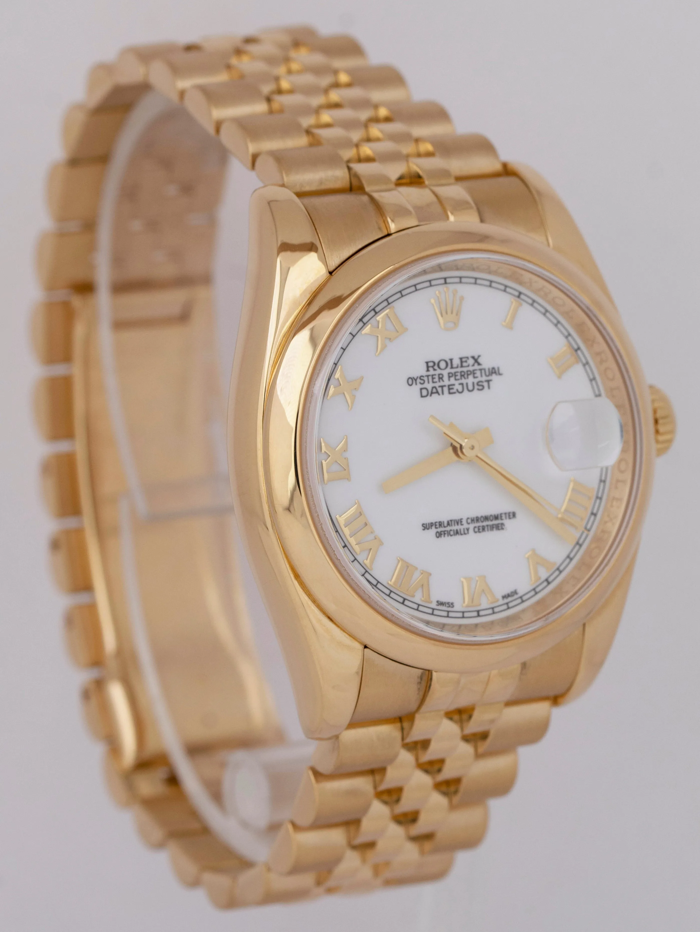 Rolex DateJust 36mm White Roman 18K Yellow Gold Smooth Jubilee Watch 116208